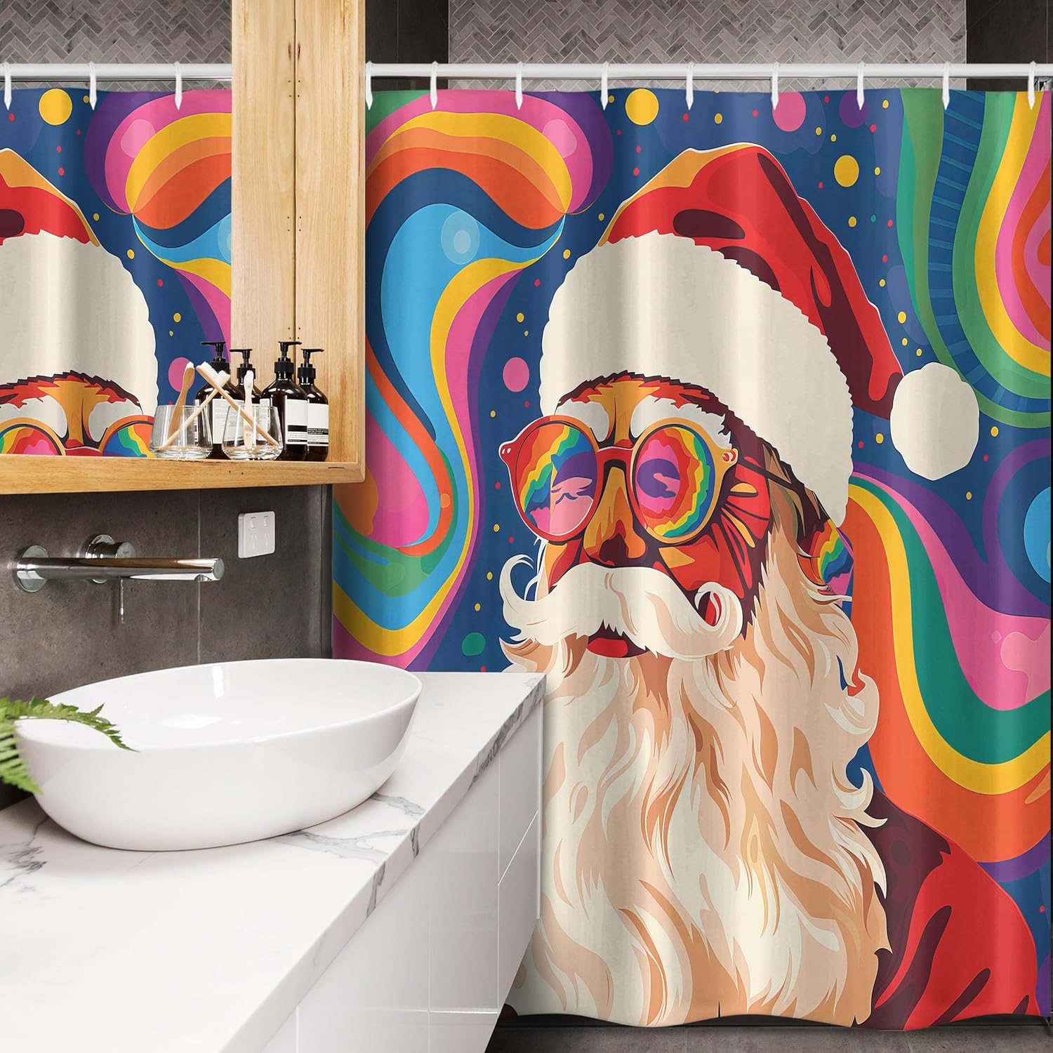 Ambesonne Christmas Stall Shower Curtain, Psychedelic Xmas with Santa Claus with Glasses and Colorful Background, Fabric Bathroom Decor Set with Hooks, 54" W x 78" L, Purple and Multicolor