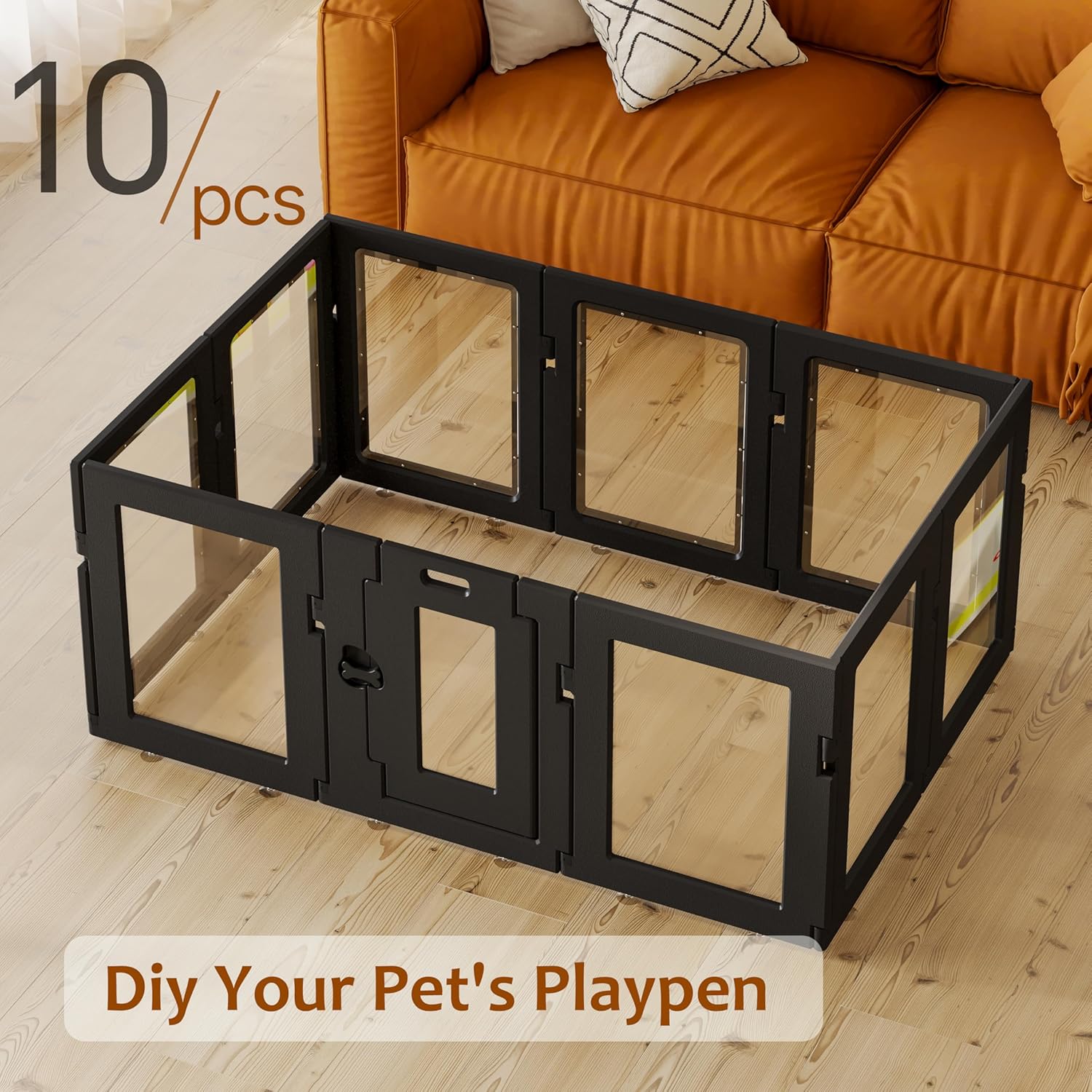 Clear Acrylic Dog Playpen with Door, Puppy Playpen for Indoor Use with Heavy Duty Door Lock, Easy Assemble Pet Pen Fence for Small Dogs and Puppies (Black, 24 in-H, 10 Panel)