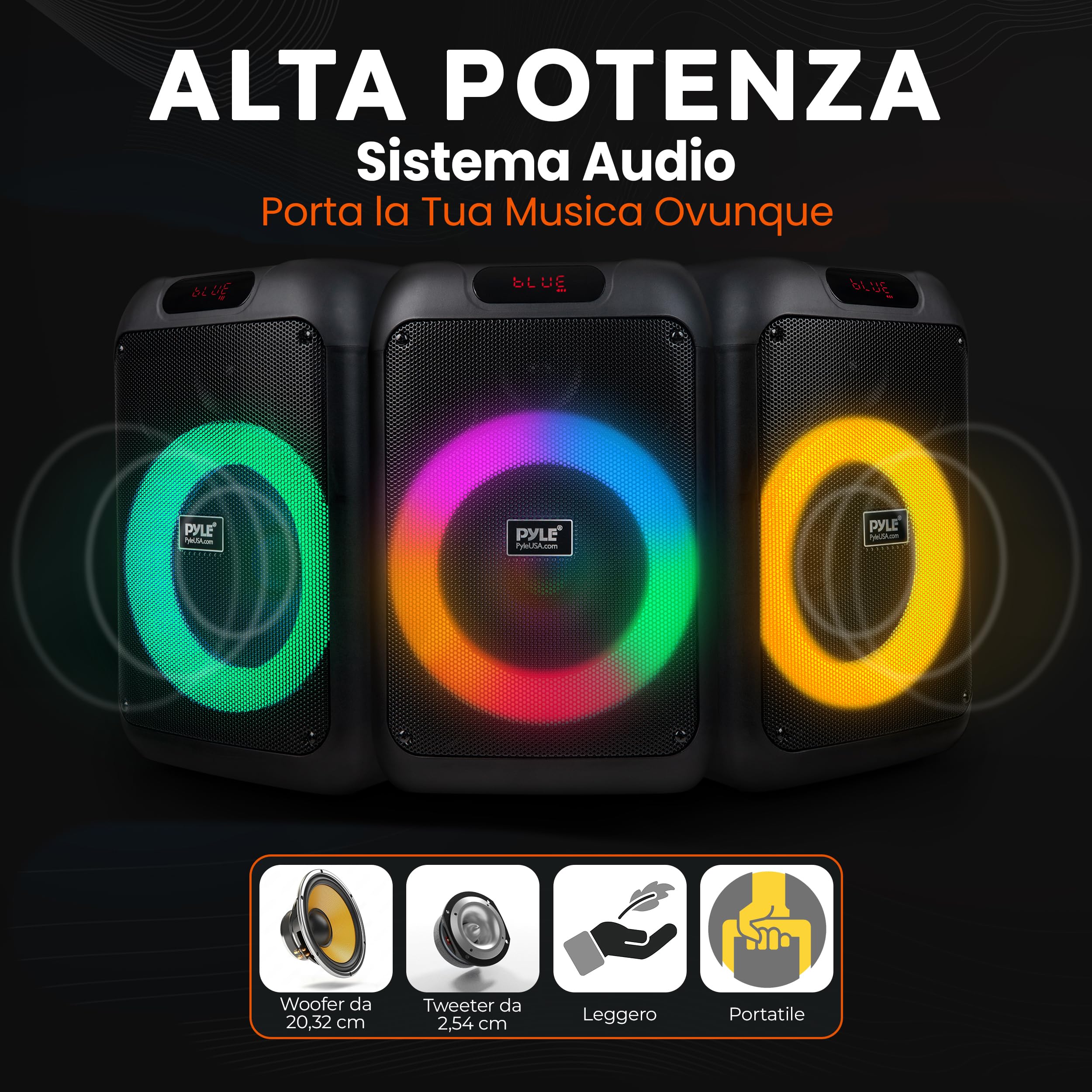 Pyle Cassa Bluetooth Potente, Sistema Stereo Wireless, Altoparlante Bluetooth Portatile con Bassi Potenti e Alti Chiari, 100 Watt