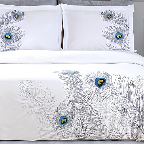 Miniatura 4 de SUPERIOR Juego de funda de edredón bordada de pavo real algodón de fibra larga tamaño KingCal King color plateado