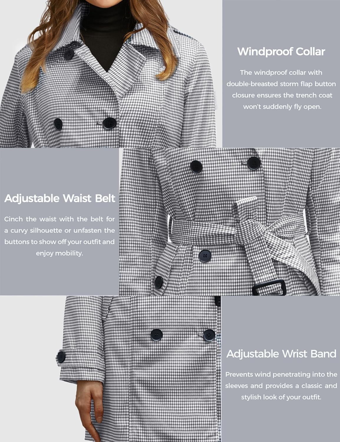 wantdo Women's Waterproof Trench Coat Classic Lapel Outerwear Coat with Belt Large Black & White Grid