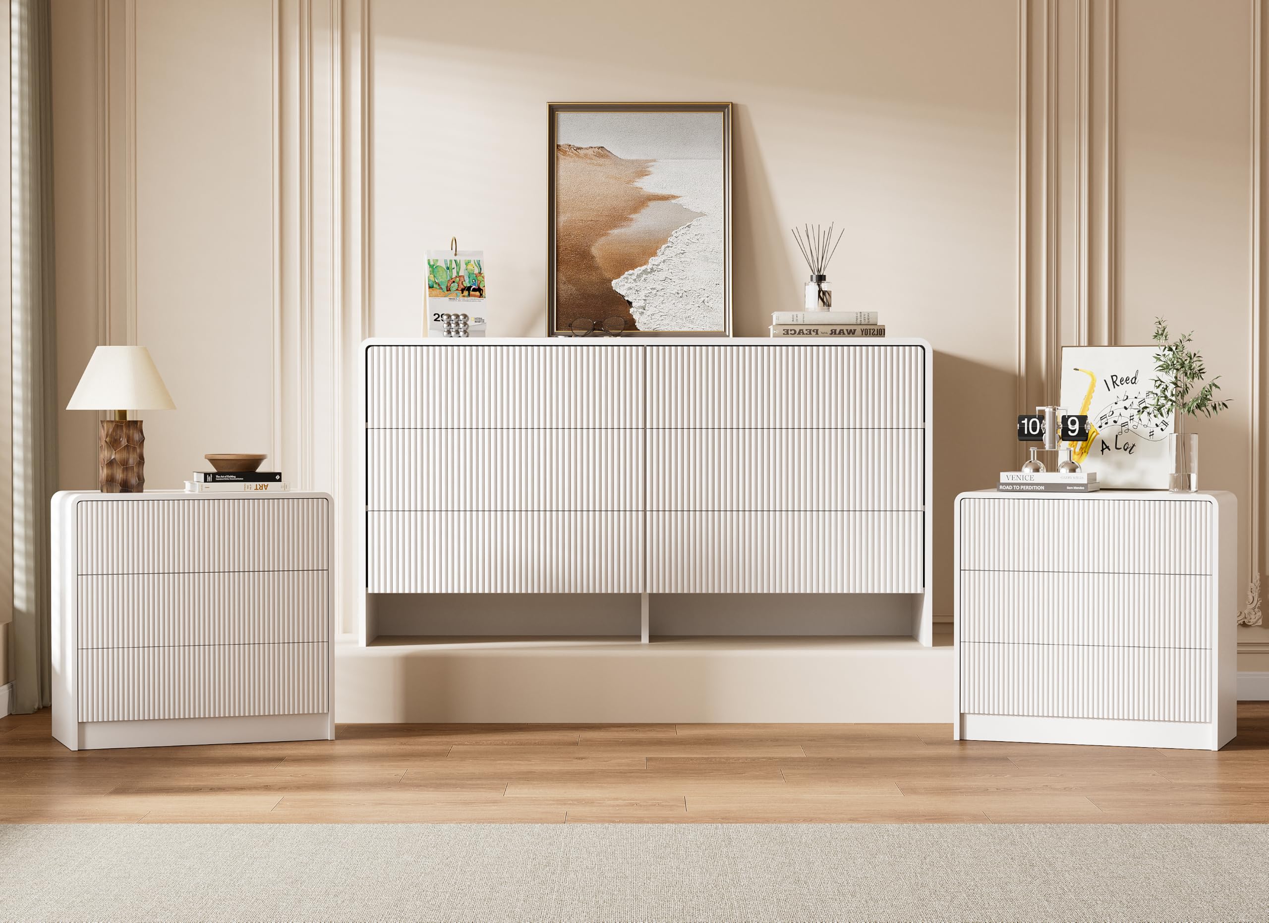 Furniway Bedroom Dresser Set 3 Piece, 6 Drawer Curved Dresser with 2 Nightstands, Modern Fluted Wood Storage Cabinet, White Chest of Drawers with Pop-Up Design, White