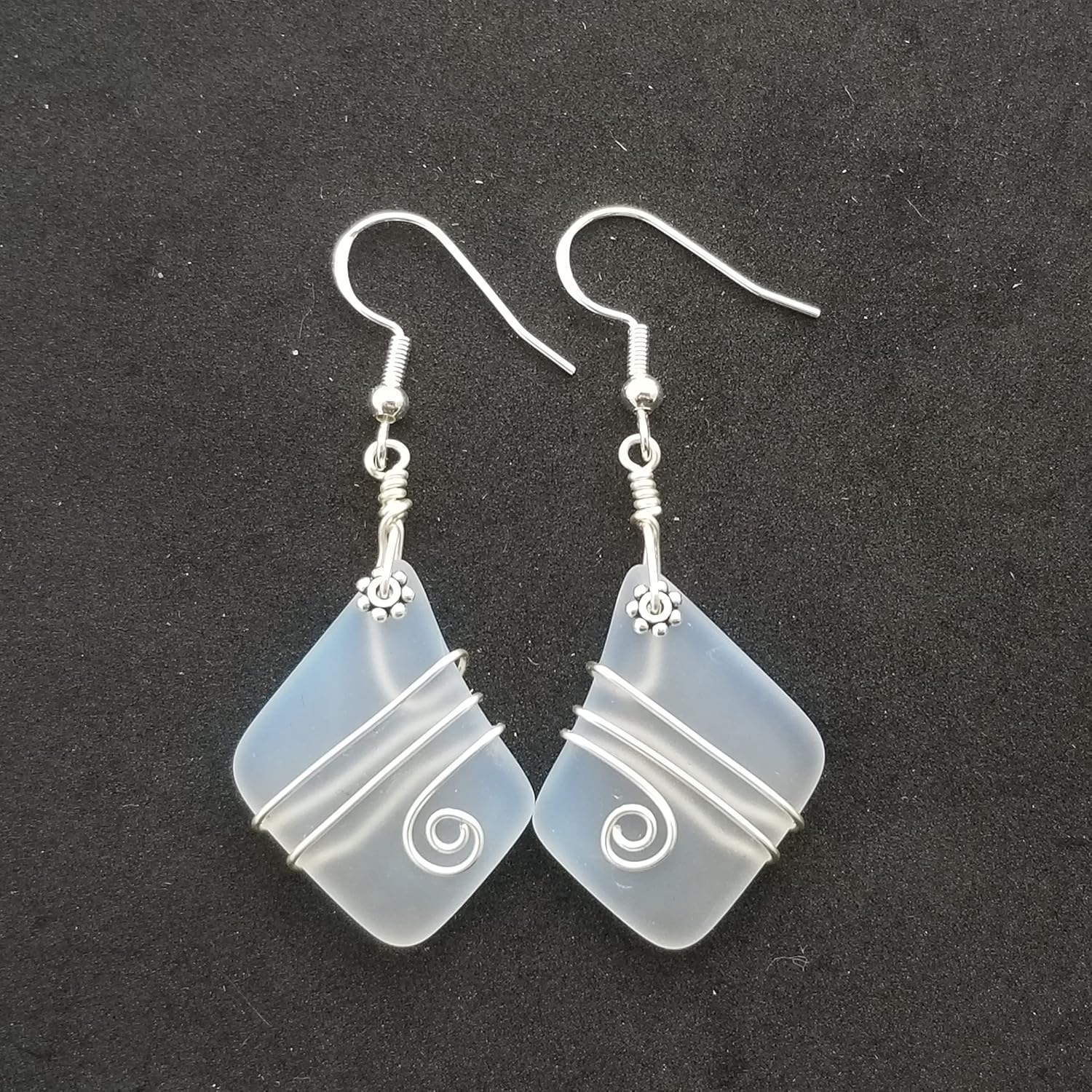Handmade Hawaiian Sea Glass Earrings, Wire Wrapped Earrings, Diamond Shape Beach Glass Birthday Jewelry Gift For Women with Customization Order