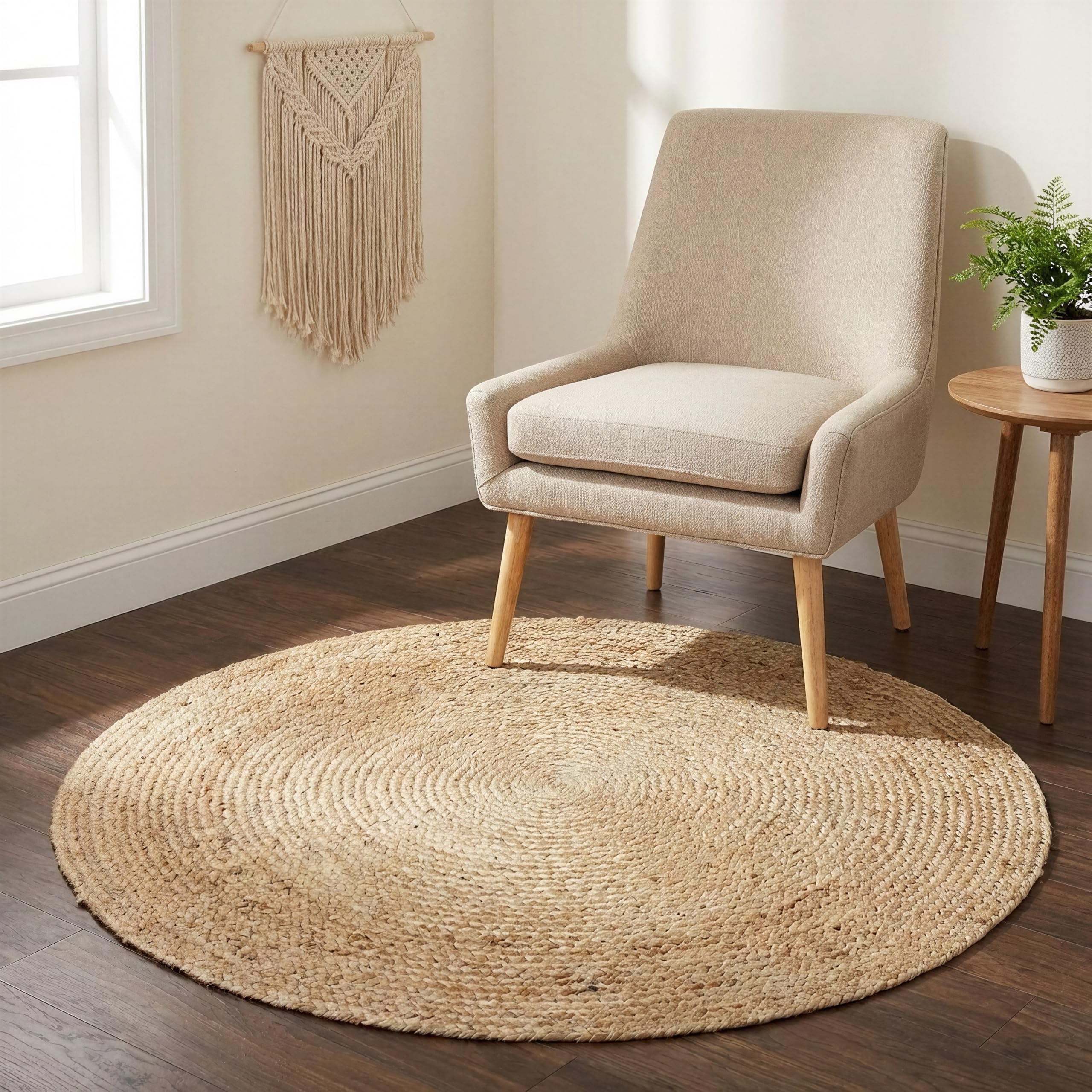 · REDEARTH · Round Area Rug - 4 Feet Braided Natural Jute with Non-Skid Backing - Handwoven Boho Rug for Bedroom, Kitchen, Living Room - Farmhouse