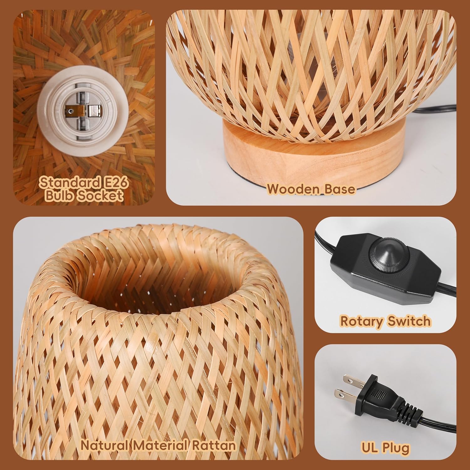 Boho Bamboo Table Lamp, Dimmable Rustic Farmhouse Hand Wicker Desk Lamp Bedside Lamps Night Light Decorations for Bedroom, Living Room, Home Office, Nursery, Reading Nook (Bulb Included)