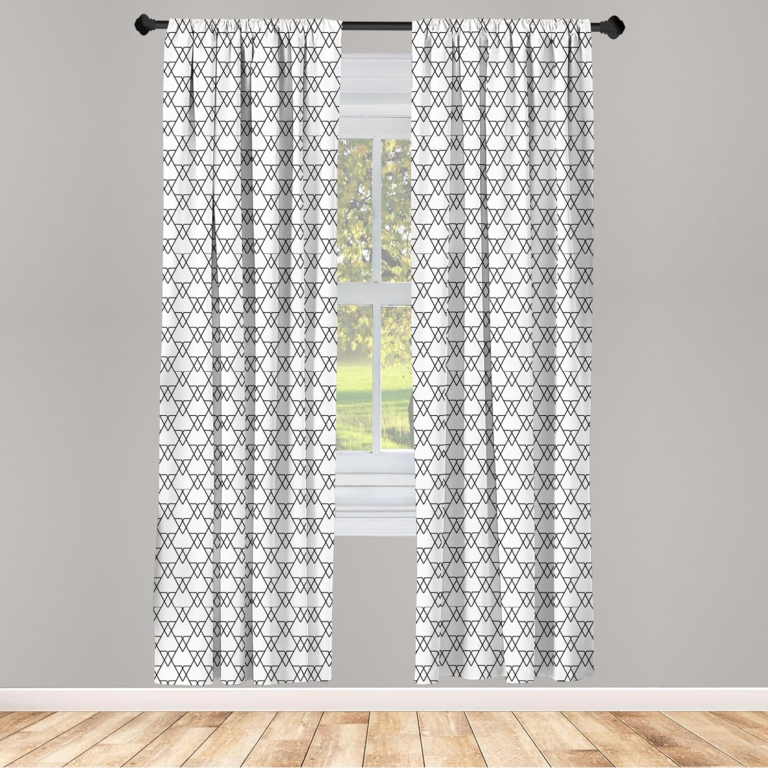 Ambesonne Black and White Window Curtains, Patchwork Inspired Geometric Triangles with Monochromatic Line Art Design, Lightweight Decor 2-Panel Set with Rod Pocket, Pair of - 28" x 95", White Grey