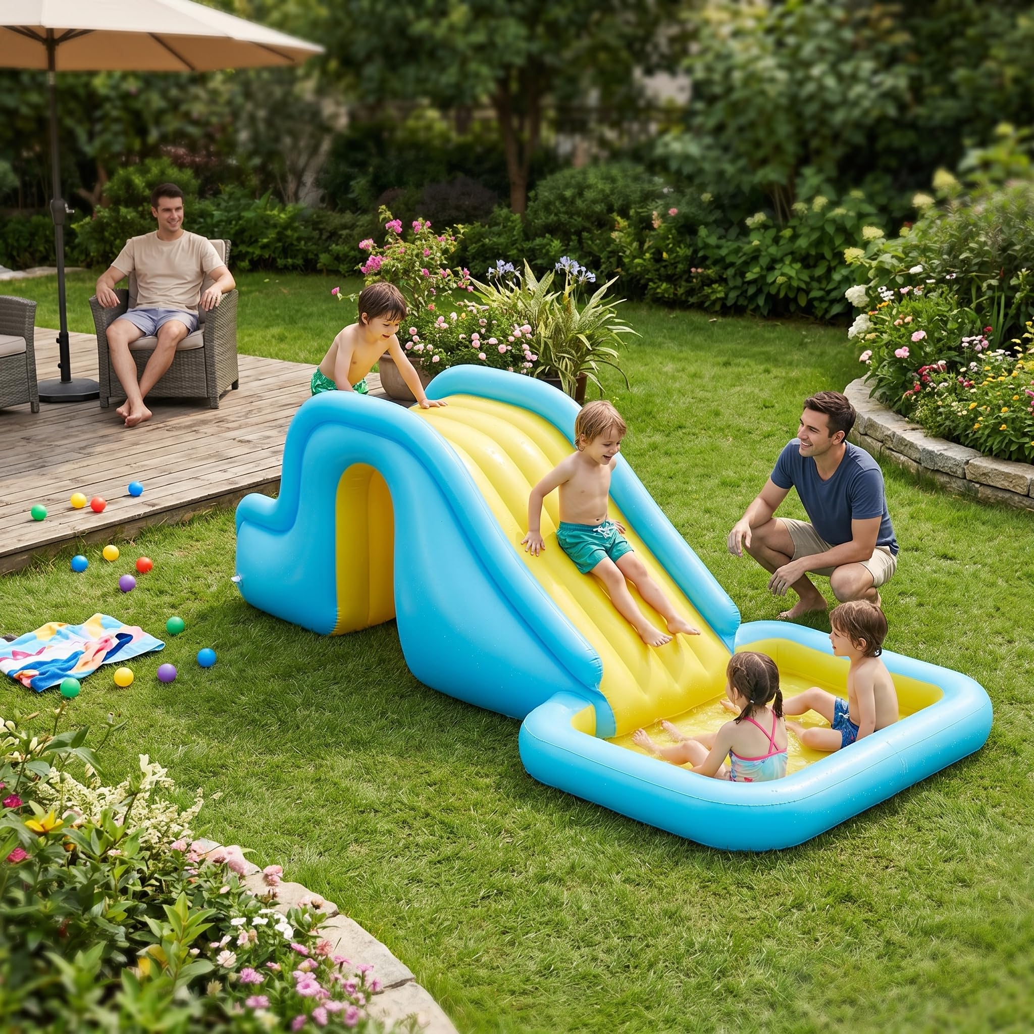 Toboggan Gonflable, Toboggan de Piscine, Marche de de Pataugeoire pour Piscine, Centre de Jeu Gonflable, Accessoires de pour Garçons et Filles, Jeu d'été pour Extérieur et Intérieur (Bleu)