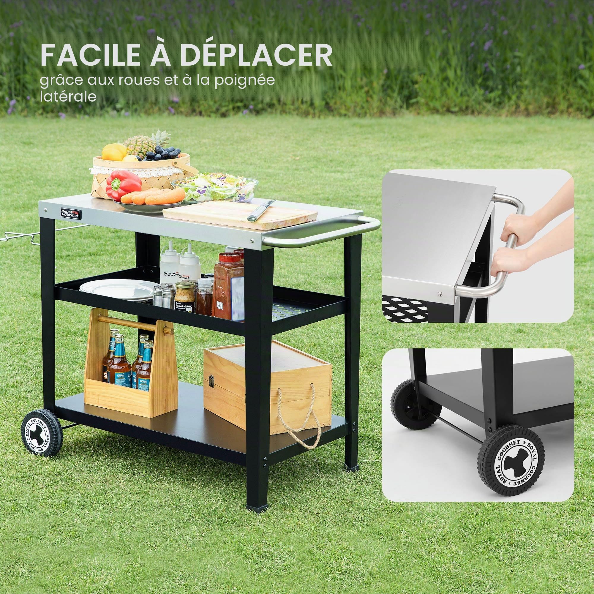 Royal Gourmet Chariot de Service à 3 étages avec Porte-Sac Poubelle - en Acier Inoxydable - Table d'appoint d'extérieur - Plancha - Table de Barbecue - Chariot à roulettes - Argenté - Plan de Travail