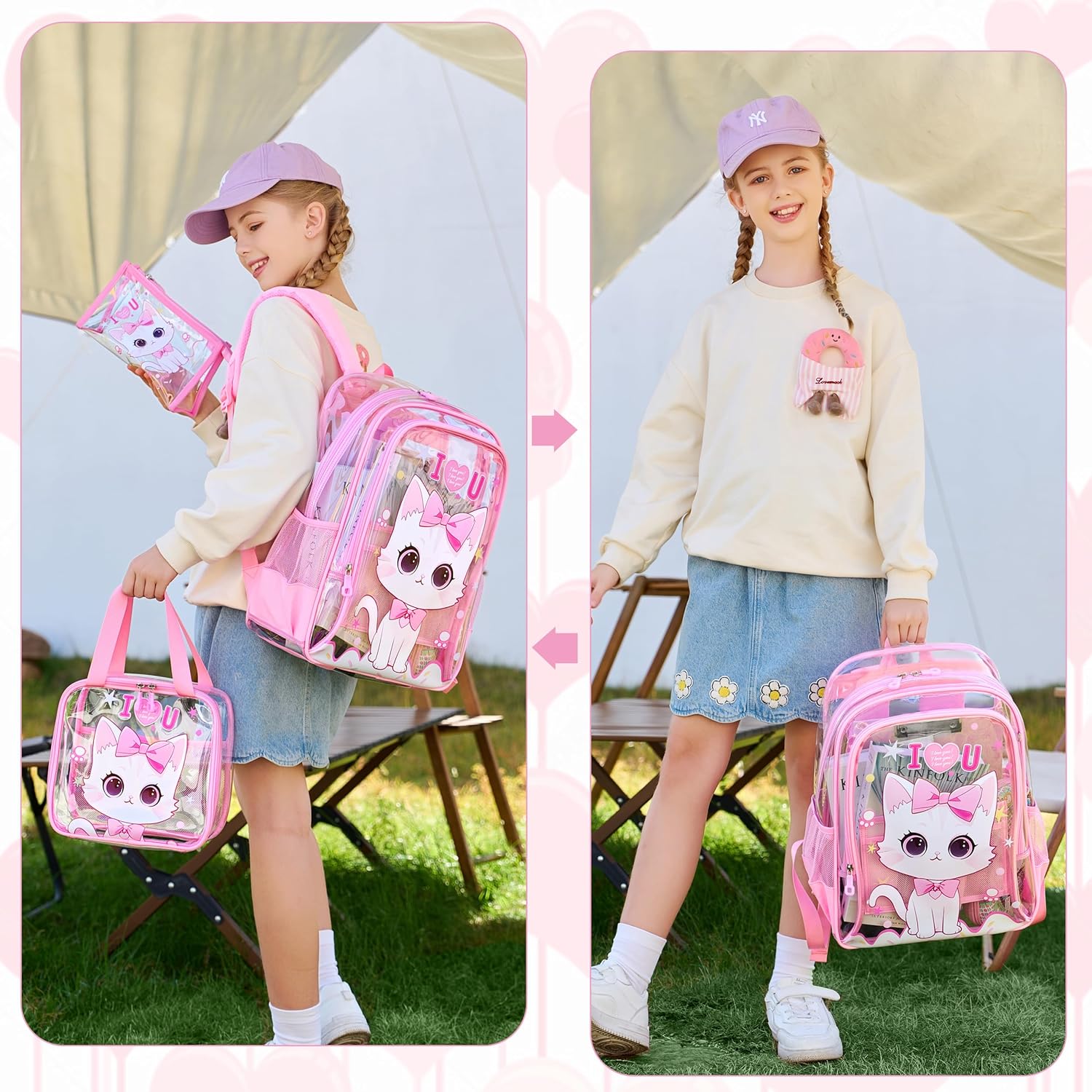 AO ALI VICTORY Clear Backpack for Boys Girls,15.6 Inch Kids Clear Backpack Set with Lunch Bag Pencil Case PVC Elementary Bookbag for School Students See Through Transparent Travel Back Pack,Pink Cat - Image 2