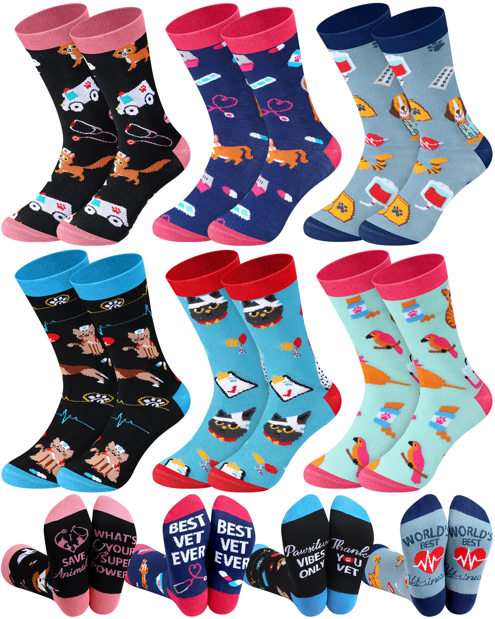 Skicuff 6 Pairs Veterinary Gifts for Women, Vet Tech Crew Cotton Socks Bulk
