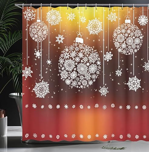 Miniatura 104 de Ambesonne Cortina de ducha de Navidad, estilo retro, palabras de deseos de Navidad con forma de árbol con adornos, juego de decoración de baño de