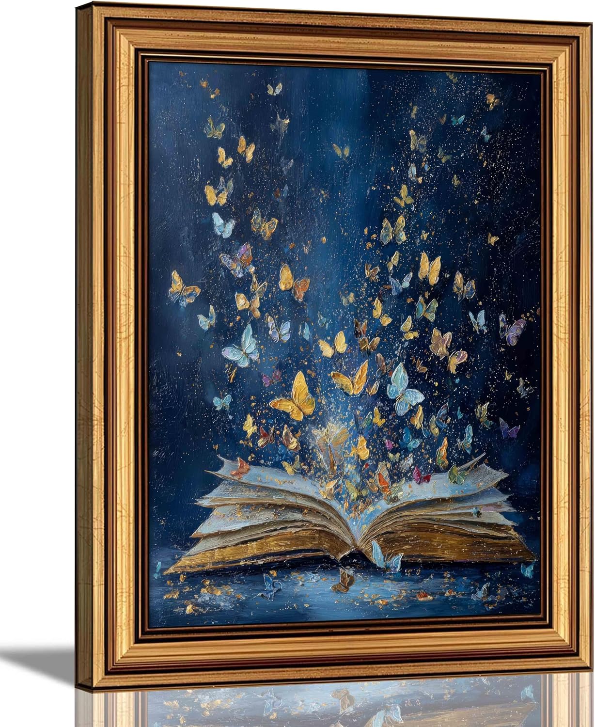 Dougepce 3D Texture Oil Painting,Vintage Gold Framed Wall Art, Classical Bookish Butterfly Paintings,Moody Wall Decor Aesthetic Artwork,Butterfly Emerging From Book Canvas Prints Picture, 12" × 16"