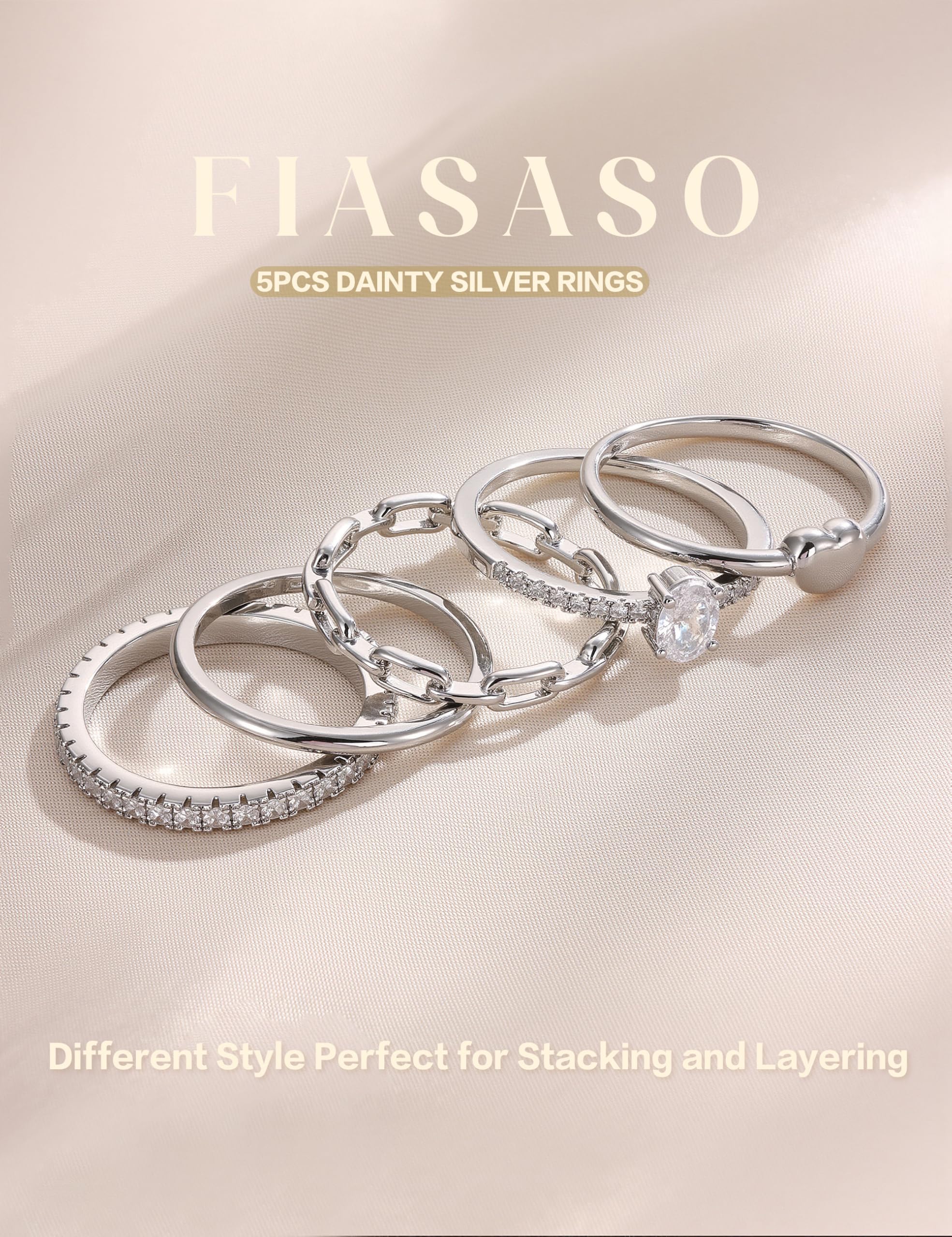 5 anillos apilables de plata para mujer, no se deslustra, delicados anillos apilables de circonita cúbica, impermeables, anillos de plata minimalistas para mujeres, a la moda, sin deslustre 6