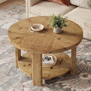 Round Coffee Table, 31.5 Farmhouse Solid Wood Coffee Table with Storage, 2-Tier Boho Circle Center Accent Furniture for Living Room, Natural Brown