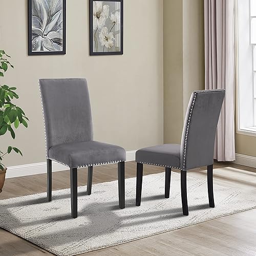 Roundhill Furniture Cobre - Silla de comedor contemporánea de terciopelo con borde de clavo, juego de dos, color gris