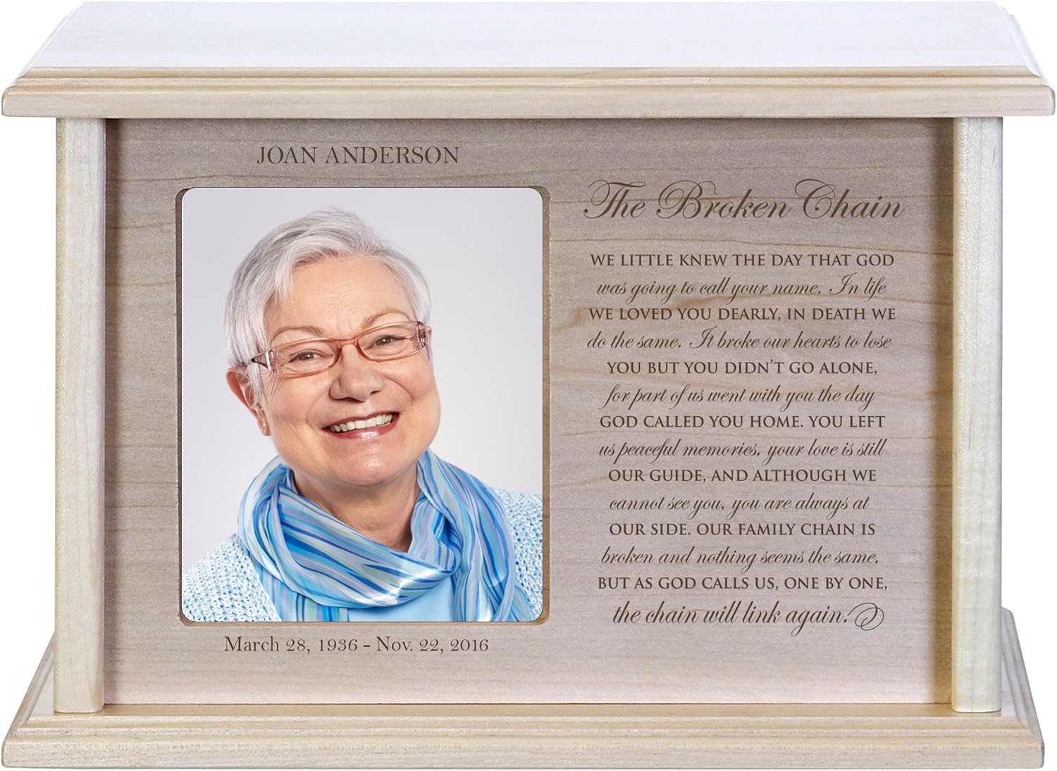 LifeSong Milestones Custom Engraved Maple Wood Urn Box with 4x6 Photo holds 156 cu in of Human Ashes The Broken Chain Funeral Remembrance Loss of Loved One Memorial Gift