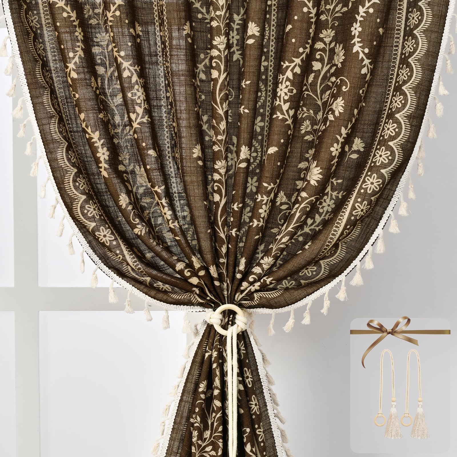 Yinhua Boho Curtains for Living Room 84 Inch Length Vintage Linen Curtains for Bedroom Light Filtering Window Curtain Rod Pocket &amp; Back Tabs Rustic Tassel Drapes with Tiebacks, Brown