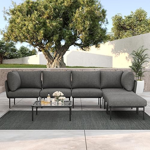 LayinSun 7 Pieces Aluminum Patio Furniture Set, Modern Modular Sectional