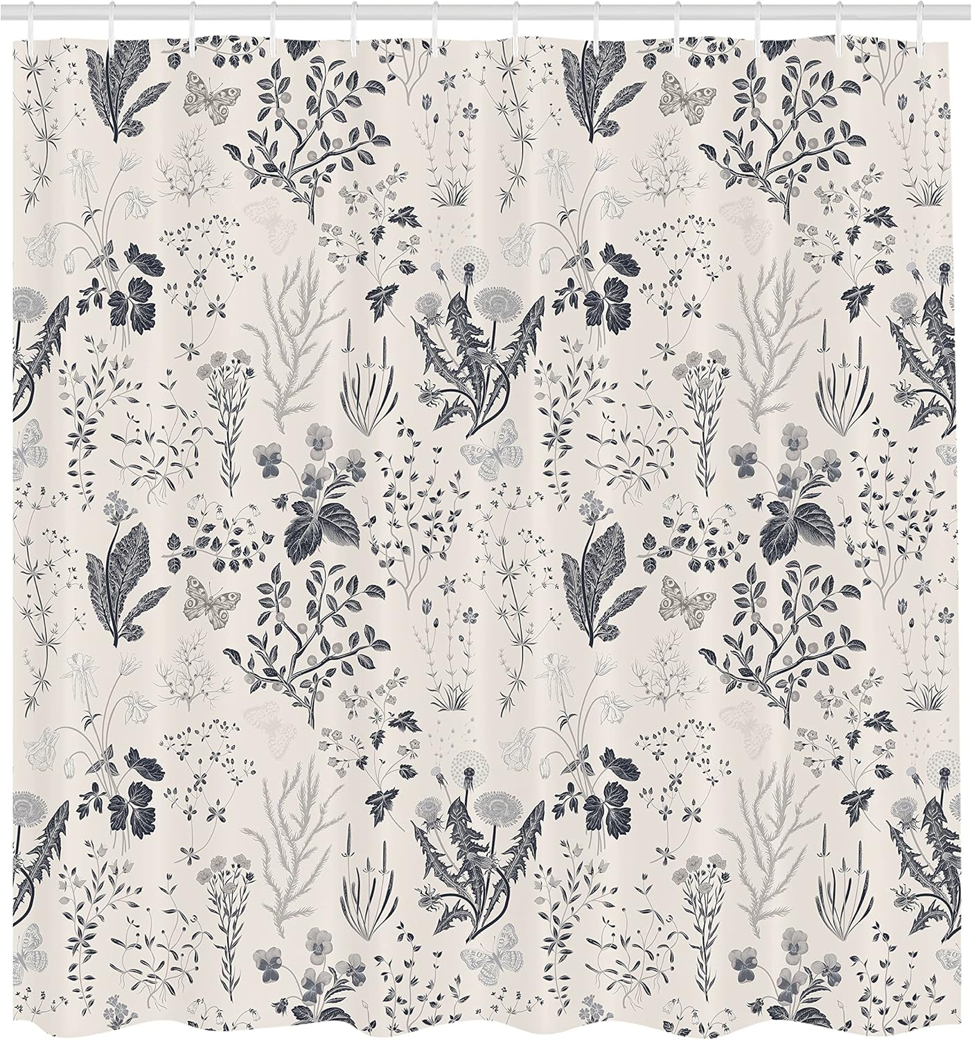 Ambesonne Floral Shower Curtain, Vintage Garden Plants Herbs Flowers Botanical Classic Design Illustration, Cloth Fabric Bathroom Decor Set with Hooks, 69" W x 84" L, Dark Grey