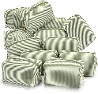 Makeup Bag Set for Women, 12PCS Travel Cosmetic Bags Pencil Case, Striped Seersucker Toiletry Organizer Pouches, Cute Makeup Pouch for Purse, Accessories and Gifts, Green