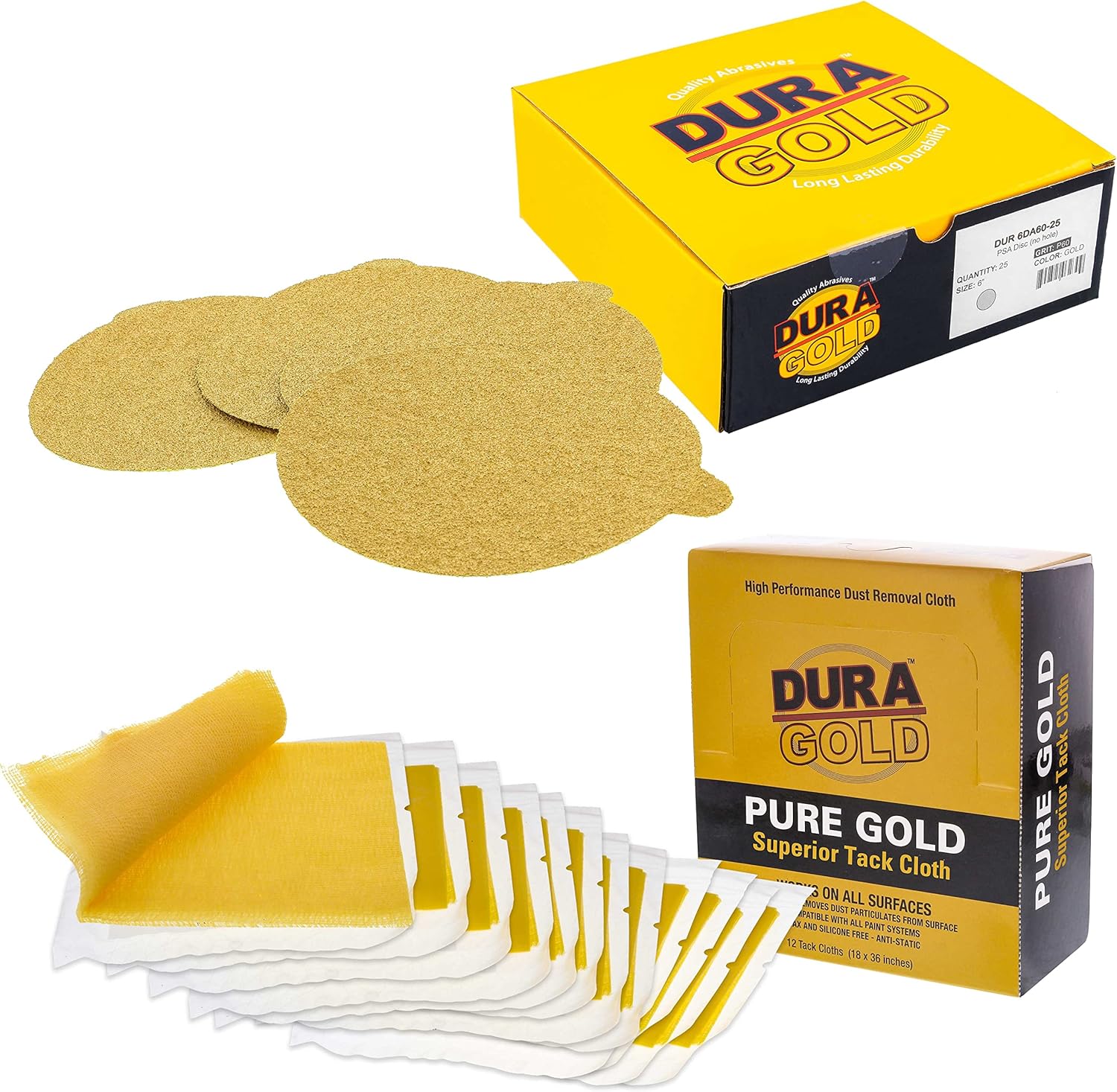 Dura-Gold Premium 6" Gold PSA Sanding Discs - 60 Grit (Box of 25) & Dura-Gold - Pure Gold Superior Tack Cloths - Tack Rags (Box of 12)