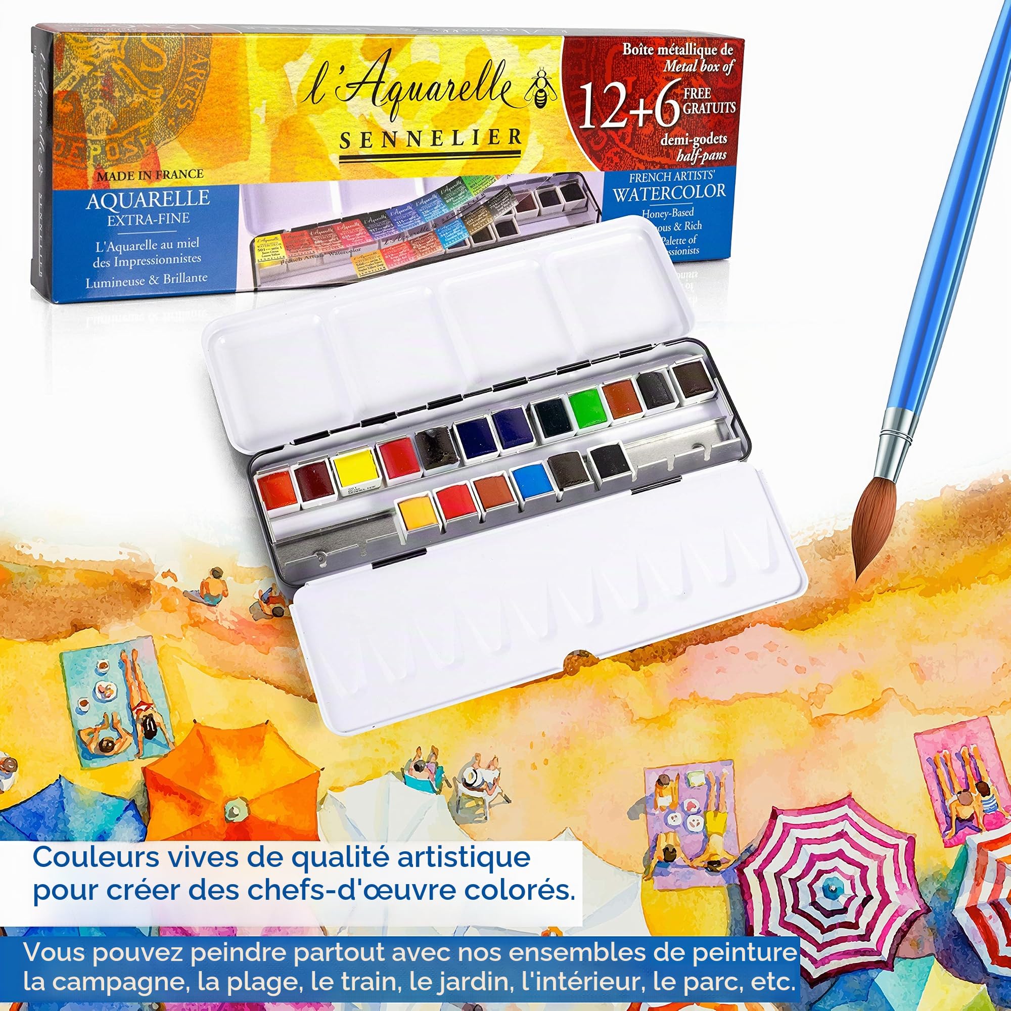 Boîte d'aquarelles extra-fines 12 demi-godets + 6 gratuits