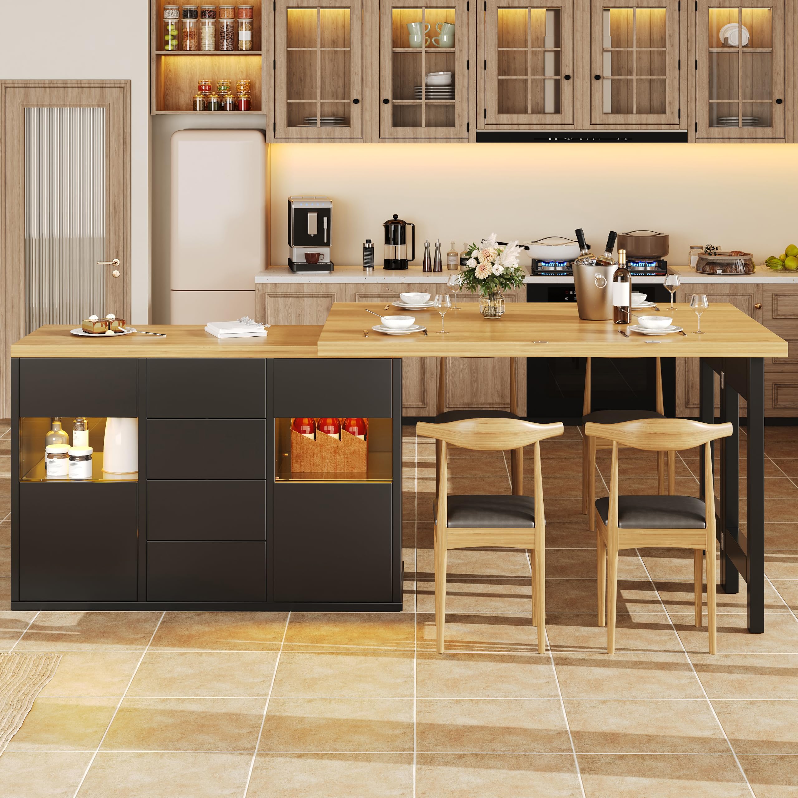 Isla de cocina giratoria a 360° con LED RGB controlada por aplicación de 120-197 cm, puertas de cristal, 4 cajones grandes, mesa de comedor, mesa de cocina, mesa extensible, mesa ahorra espacio, 120 x