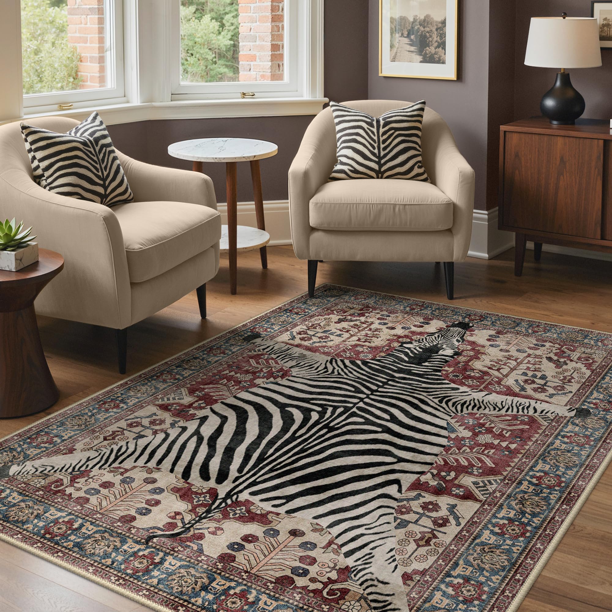 Bavni Zebra Rug 5x7 Animal Print Rug Washable Jungle Rugs for Bedroom Red — image 1
