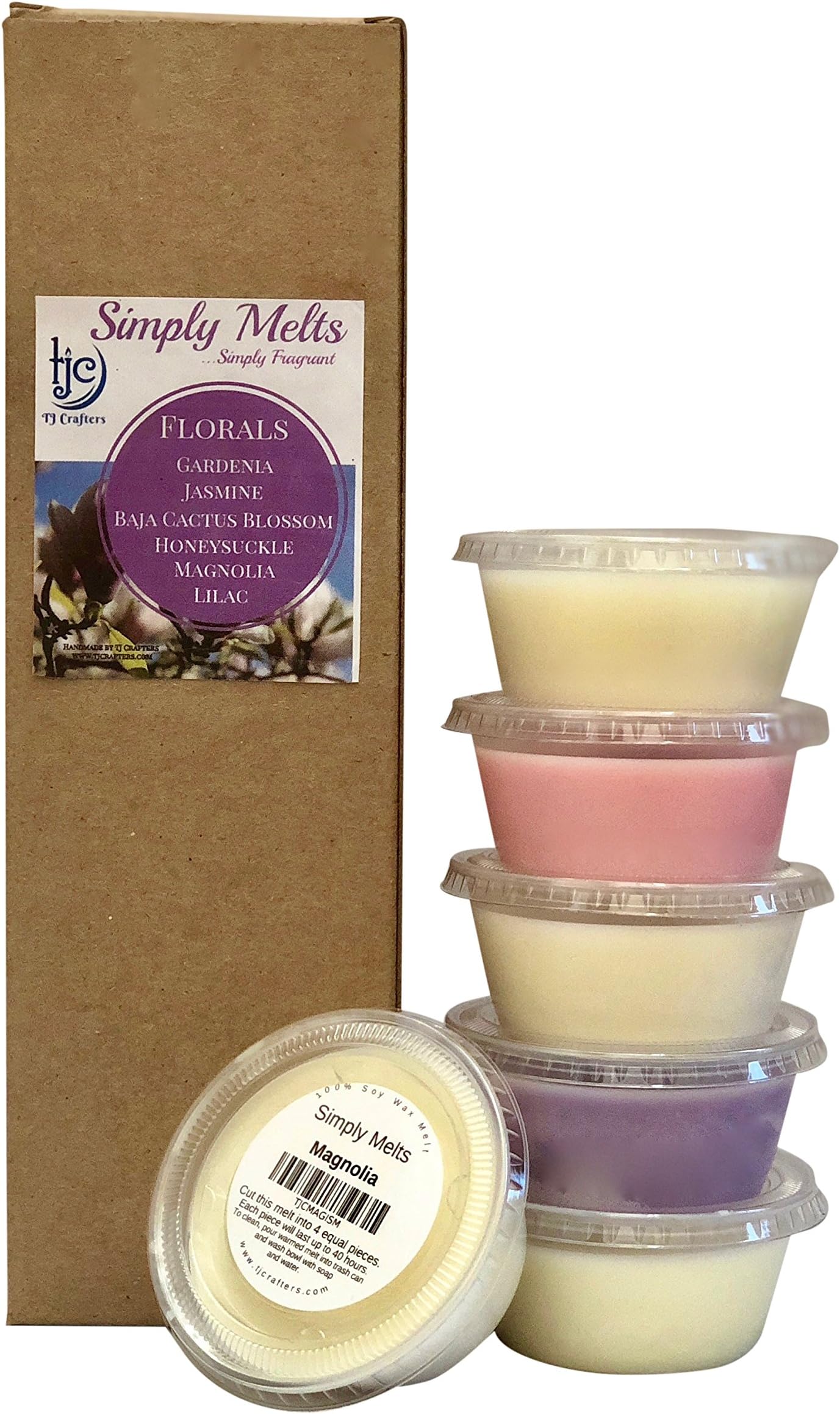 Scented Wax Melts Variety Pack - Hand Poured Natural Soy Candle Wax Melts for Warmers, 6 Resealable Cups (2.2 Ounces Each, 13.2 Ounces Total), Up to 40 Hours of Scent Throw Per Quarter Cup (Florals)