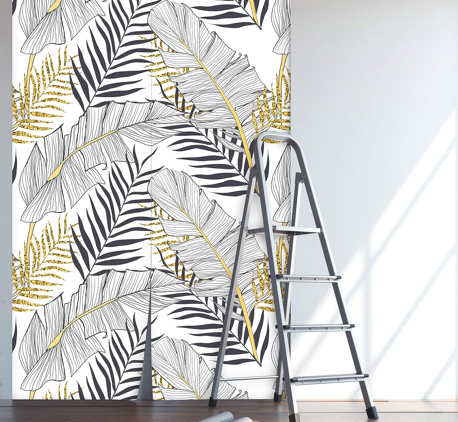 Removable Peel 'n Stick Wallpaper, Self-Adhesive Wall Mural, Watercolor Tropical Pattern, Nursery, Room Decor, Custom • Banana Gold Leaves (24" W x 96" H Inches)