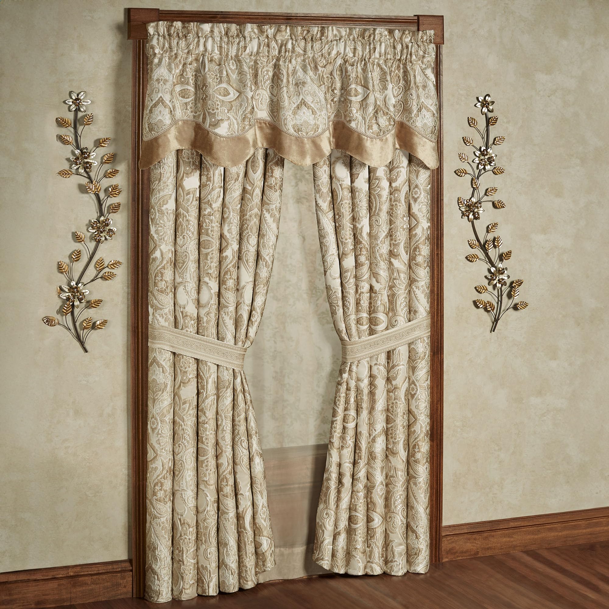 Albany Luxury Window Treatment | Soothing Neutral Tones of Champagne and Ivory | Jacobean Floral Inspired Damask, Medallions, and Velvet | Drapery Set Includes Scalloped Valance & 95L Curtain Pair