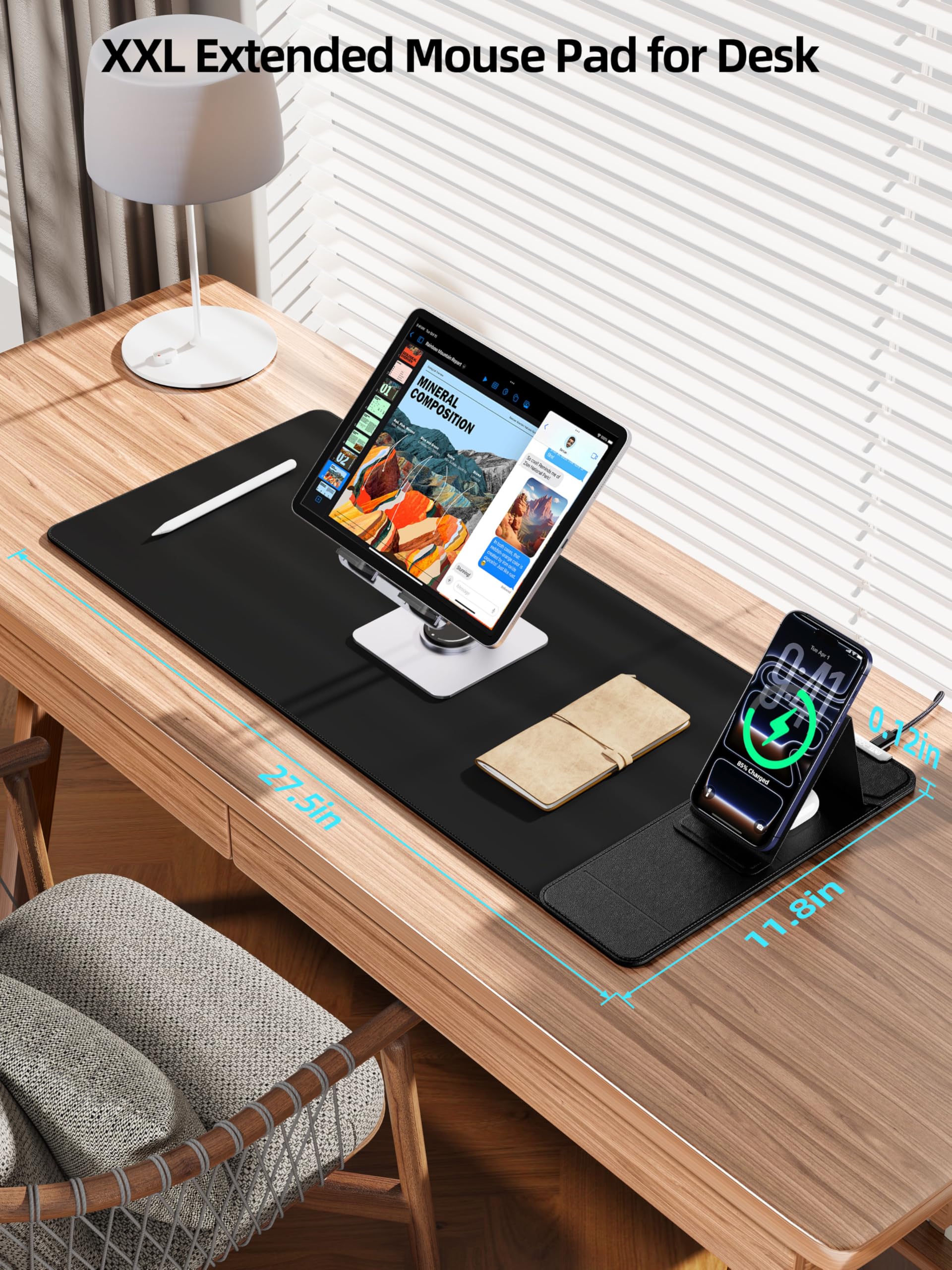 Tappetino per mouse con caricabatterie wireless magnetico e supporto regolabile per telefono, tappetino da scrivania esteso da 70 x 30 cm, tappetino per tastiera impermeabile ultra liscio, base