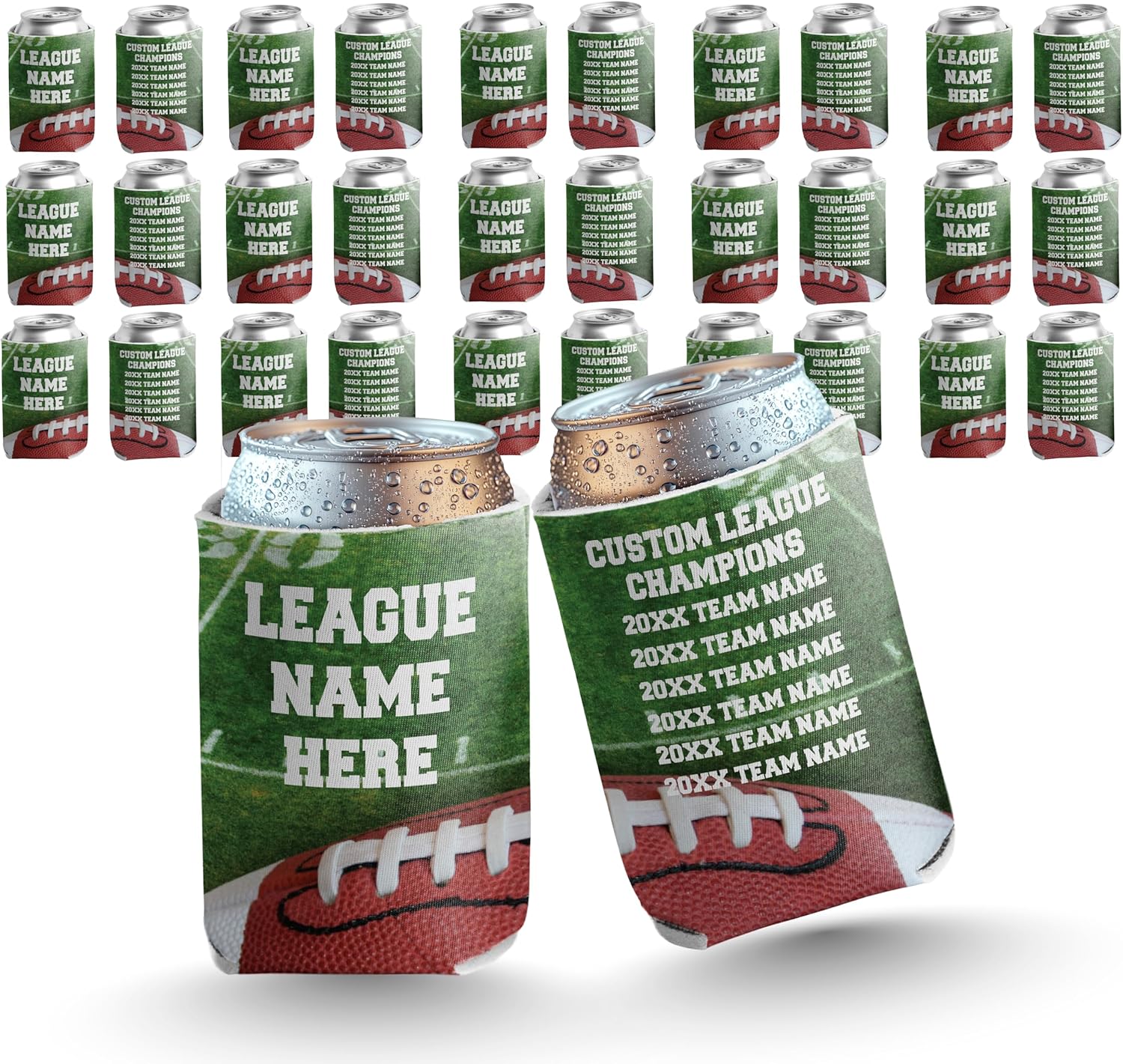 VictoryStore Custom Fantasy Football Can Coolers – Set of 12 Personalized League Champion Coolies – Custom Text, Full-Color Drink Sleeves for 12-16 oz Cans and Bottles