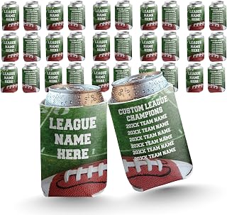 VictoryStore Custom Fantasy Football Can Coolers – Set of 18 Personalized League Champion Coolies – Custom Text, Full-Color Drink Sleeves for 12-16 oz Cans and Bottles