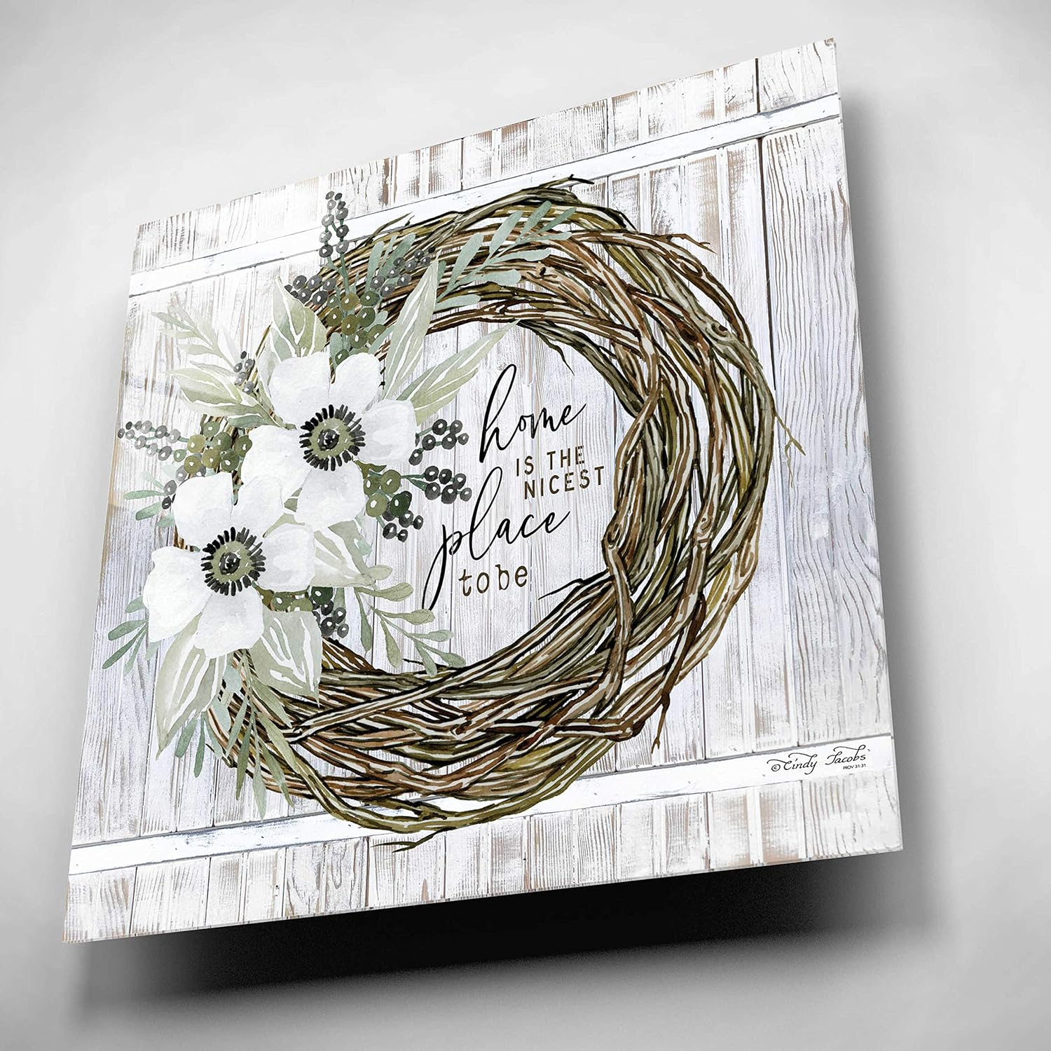 Epic Art 'Home is the Nicest Place to Be Wreath' by Cindy Jacobs, Acrylic Glass Wall Art, 12"x12"