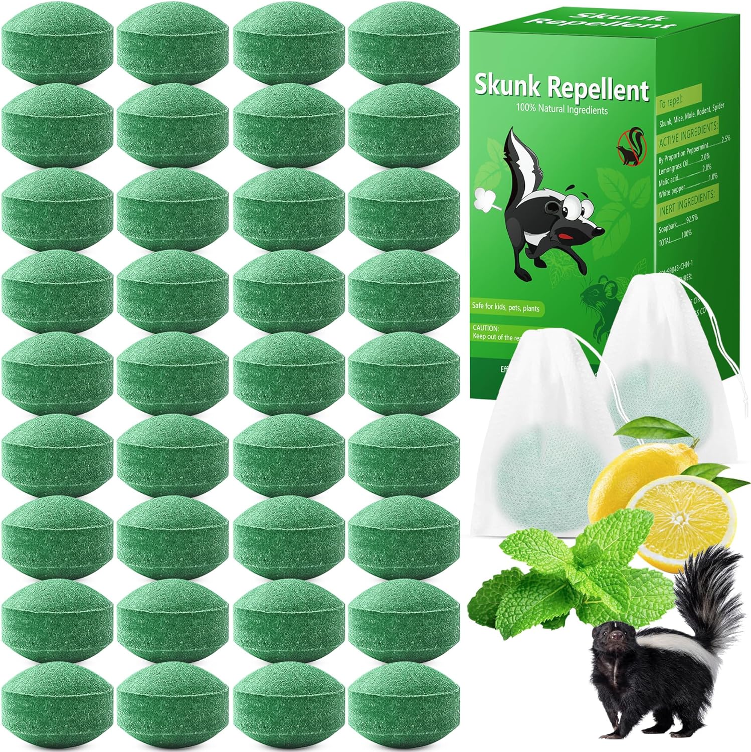 36 Pack Peppermint Skunk Repellent, Natural Raccoon Repellent Keep Skunks Out from Outdoor Yard Attic Garden House, Long-Lasting Protection, Safe for Dogs and Children, Green