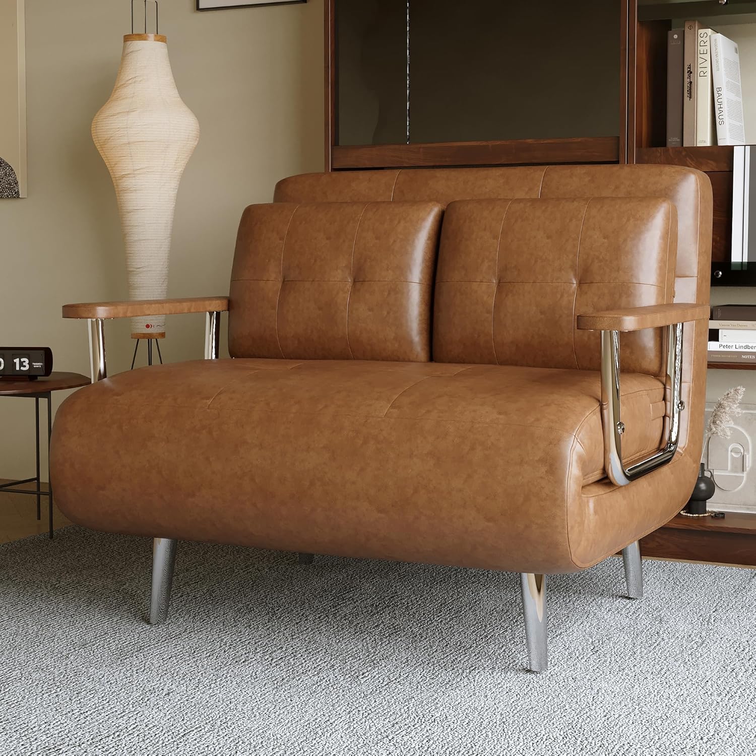43.3" Modern Faux Leather Convertible Sofa Bed, Mid-Century Futon Couch with Adjustable Backrest & Armrests, Sleeper Sofa with Metal Legs for Living Room, Apartment, Brown