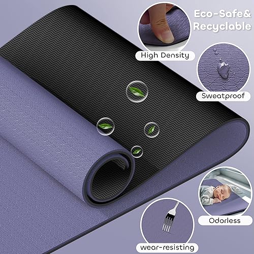 Miniatura 4 de Tapete de yoga antideslizante de TPE para mujeres y hombres, tapete de entrenamiento de doble cara de 72 x 24 pulgadas para gimnasio en casa,