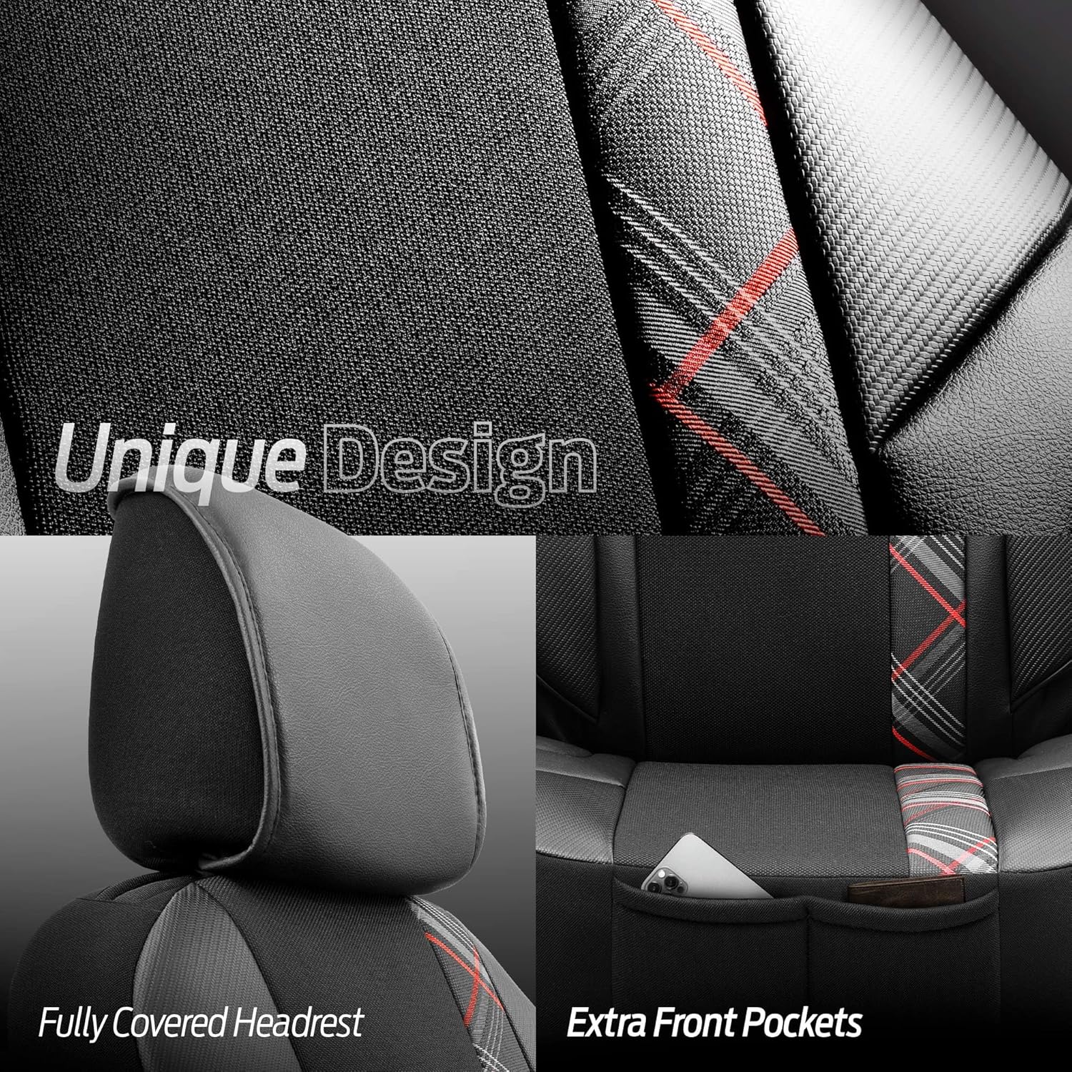 Otom Car Seat Covers for Front Seats, 2 Pieces Front Seat Cover Set, for Cars Trucks Vans SUVs - Horizon Design (Black-Red)