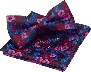 Mens Plaid Floral Jacquard Adjustable Pre-tied Bow Tie and Pocket Square Cufflink Set with Gift Box