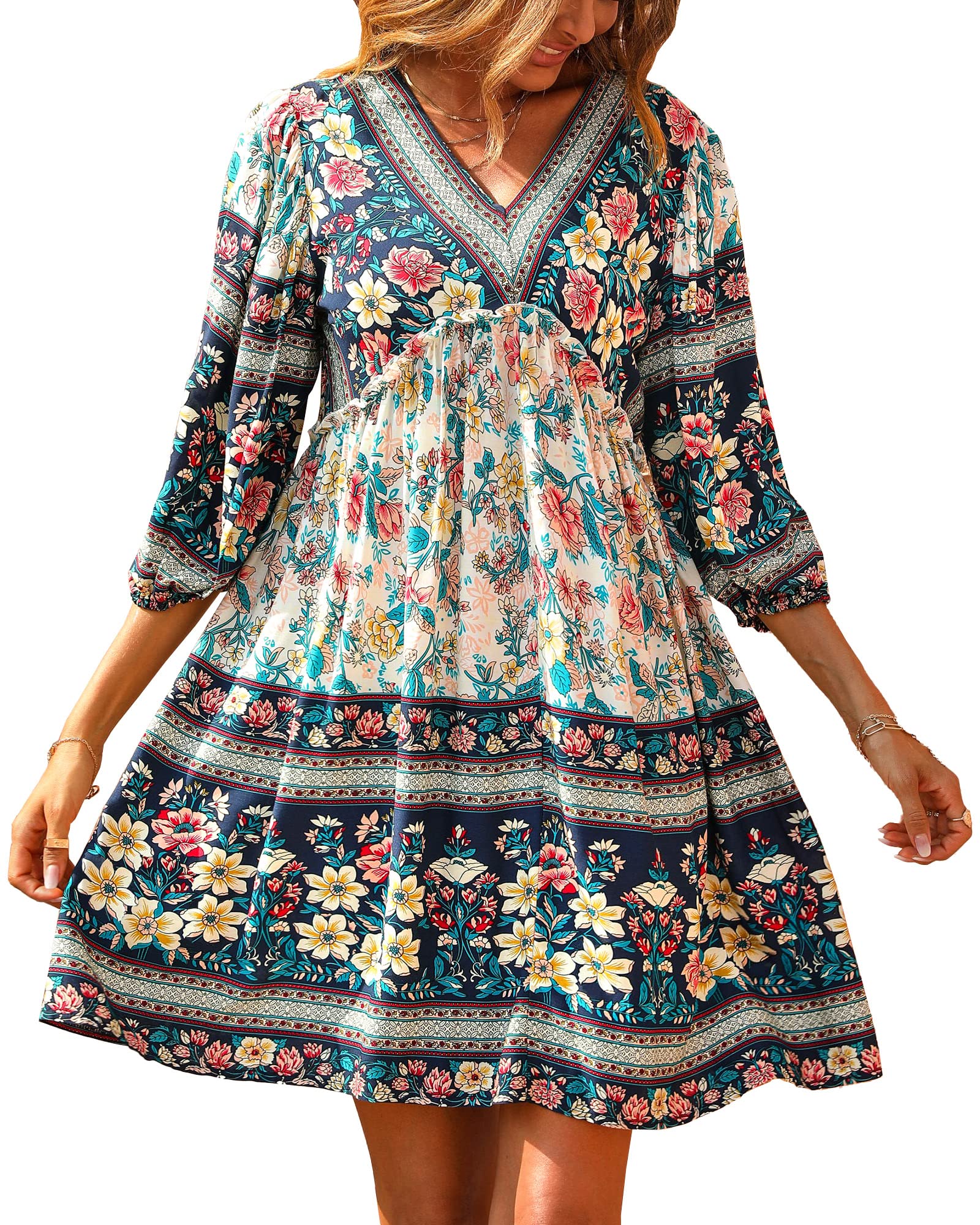 BTFBM Women Casual Spring Summer Dresses V Neck 3/4 Long Sleeve Ruffle Floral Flowy Boho Babydoll Mini Short Beach Dress