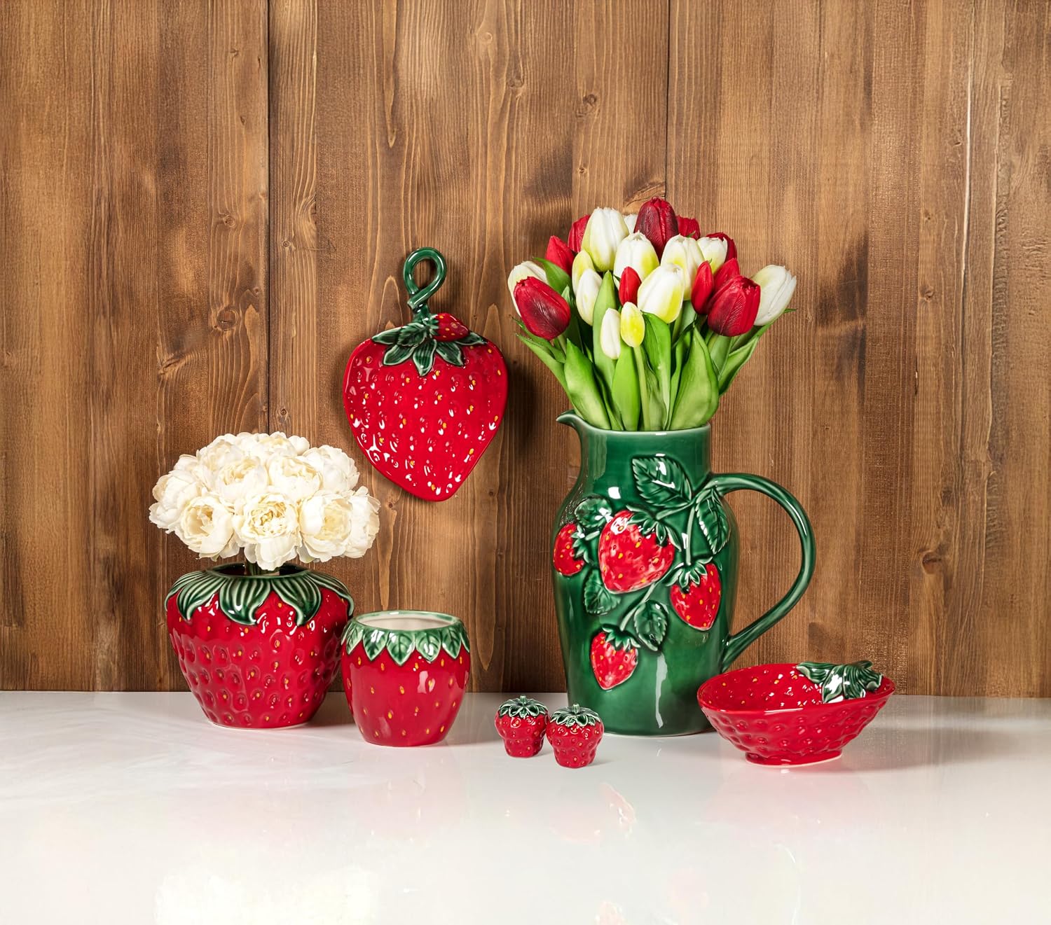 Abbott Collection Strawberry & Leaf Salt & Pepper Shaker Set - Stoneware, Green/Red (2.5 inches H)