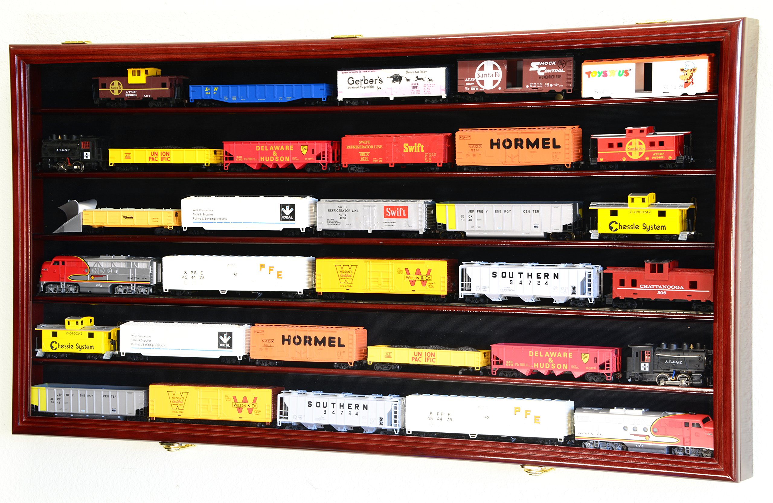 HO Scale Model Train Display Case Cabinet Wall Rack w/98% UV Protection- Lockable -Cherry