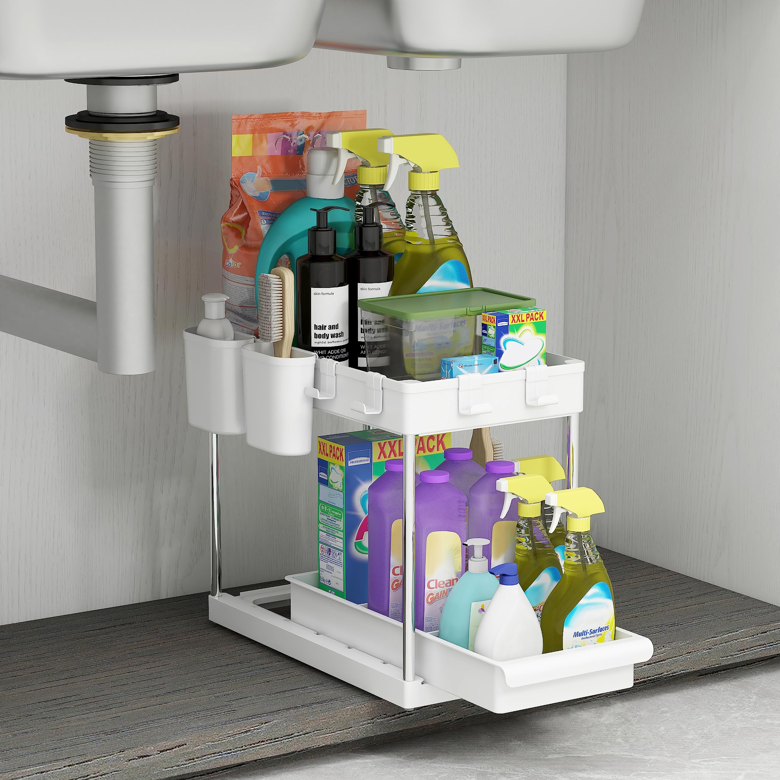 Mondeer Portaoggetti Sotto il Lavello Meerveil, Multifunzionale, a 2 Livelli, con 4 Ganci e 2 Tazze per Appendere, Per Ufficio, Cucina,Bagno, L22 x P40.7 x H32.5cm, Bianco