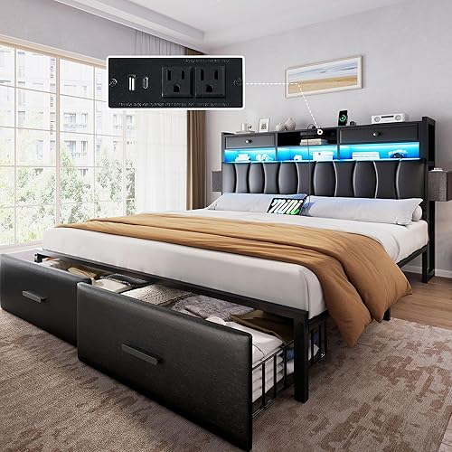 YITAHOME King Size Bed Frames with 2 Storage Drawers and Charging Station, Upholstered Platform Bed with Storage Headboard and LED Light, Heavy Duty Metal, No Box Spring Needed, Noise Free, Black