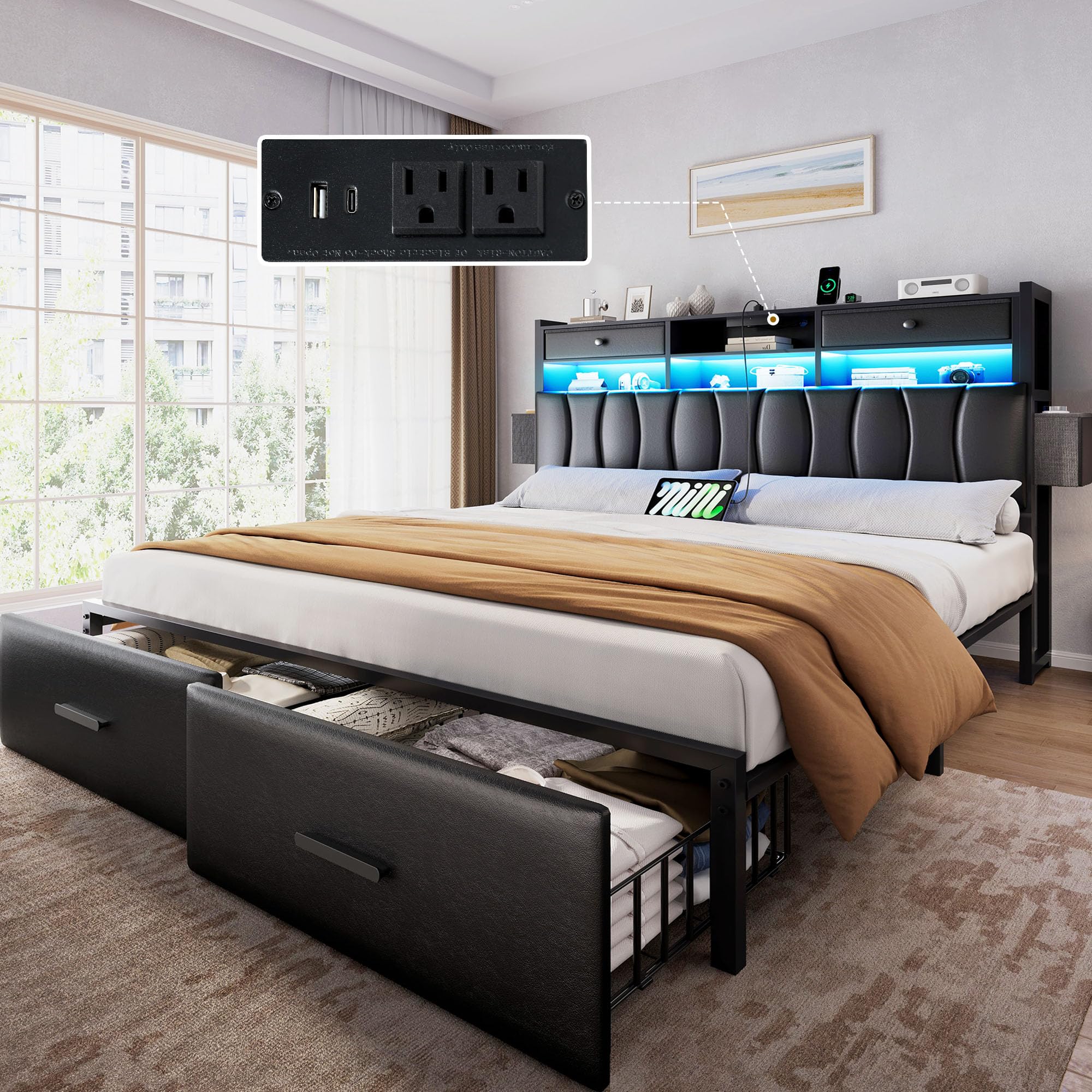 Photo 1 of ***PARTIAL SET - PRICE ADJUSTED***DWVO King Size with 2 Storage Drawers and Charging Station, Upholstered Bed with Storage Headboard and LED Light, Heavy Duty Metal Frame Support, No Box Spring Needed, Noise Free, PU Leather Black