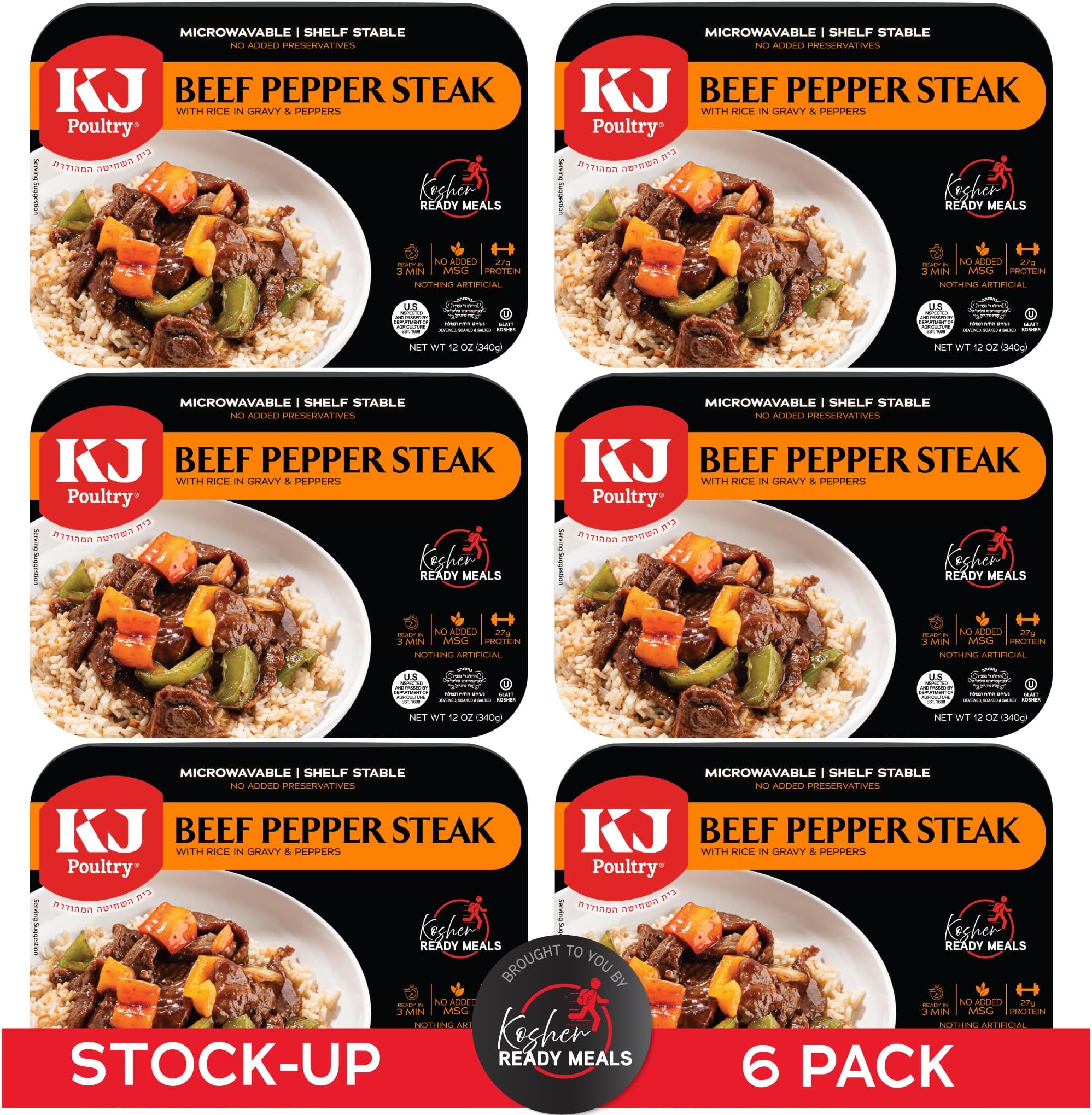 KJ Poultry Kosher Ready Meals - Beef Pepper Steak & Rice, MRE Meat Meals Ready to Eat (6 Pack) Prepared Entree Fully Cooked, Shelf Stable Microwave Dinner Travel, Military, Camping, Emergency Survival