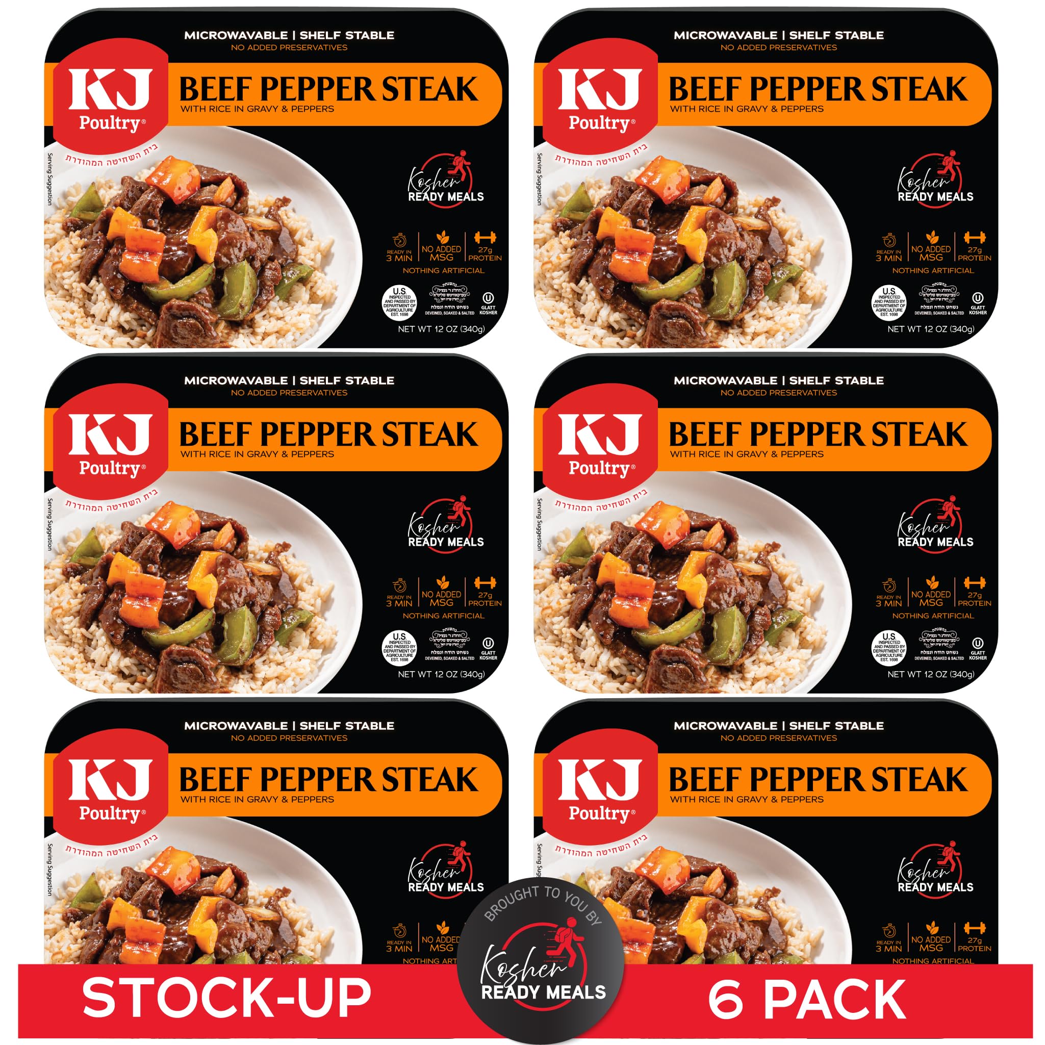 KJ Poultry Kosher Ready Meals - Beef Pepper Steak & Rice, MRE Meat Meals Ready to Eat (6 Pack) Prepared Entree Fully Cooked, Shelf Stable Microwave Dinner Travel, Military, Camping, Emergency Survival