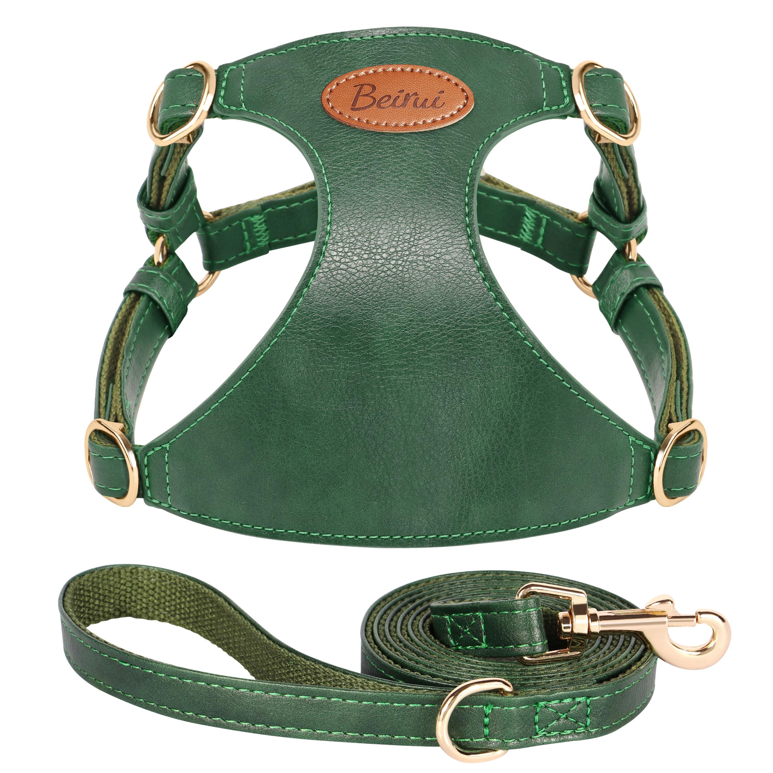 Beirui ‌Stylish PU Leather Dog Harness‌ and Leash Set for Small Dogs, ‌Adjustable Step in Puppy Harness with Breathable Mesh Lining and Durable Metal Buckle for Walking Traveling(Green,XS)