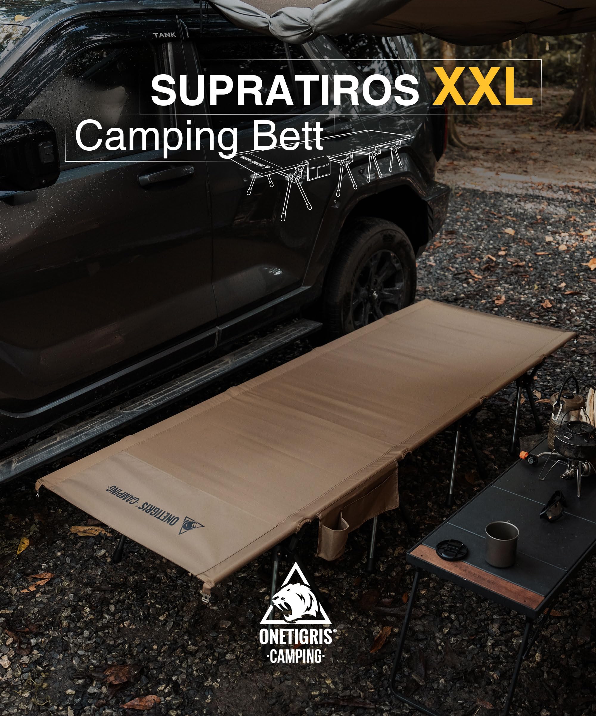 OneTigris SUPRATIROS Lit de camp pliable XXL portable et léger jusqu'à 180 kg pour tente, extérieur, voyage, jardin, bureau (220 x 80 cm)